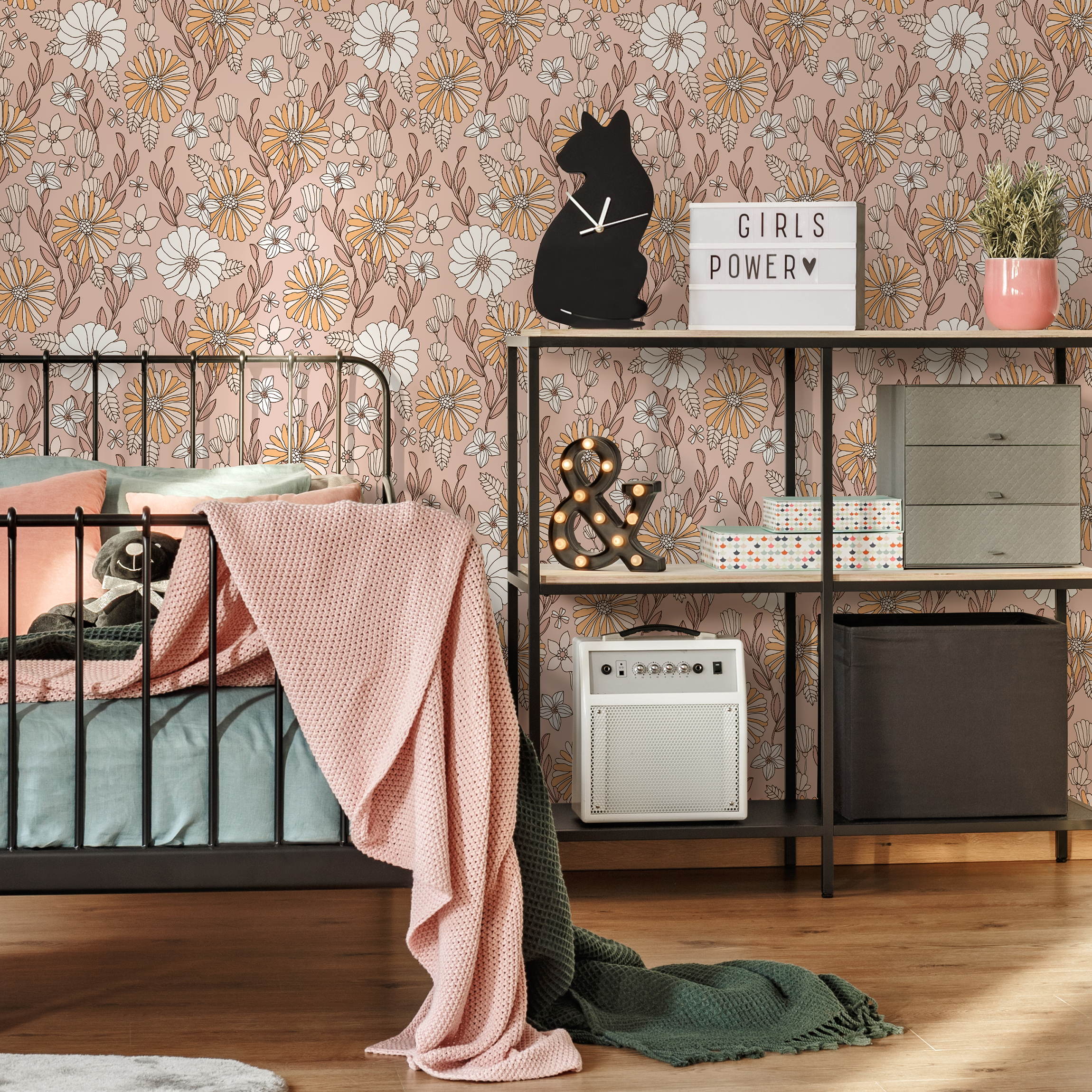 Floral Wallpaper With A Retro Daisy Motif In Pink, Yellow, And White - D377