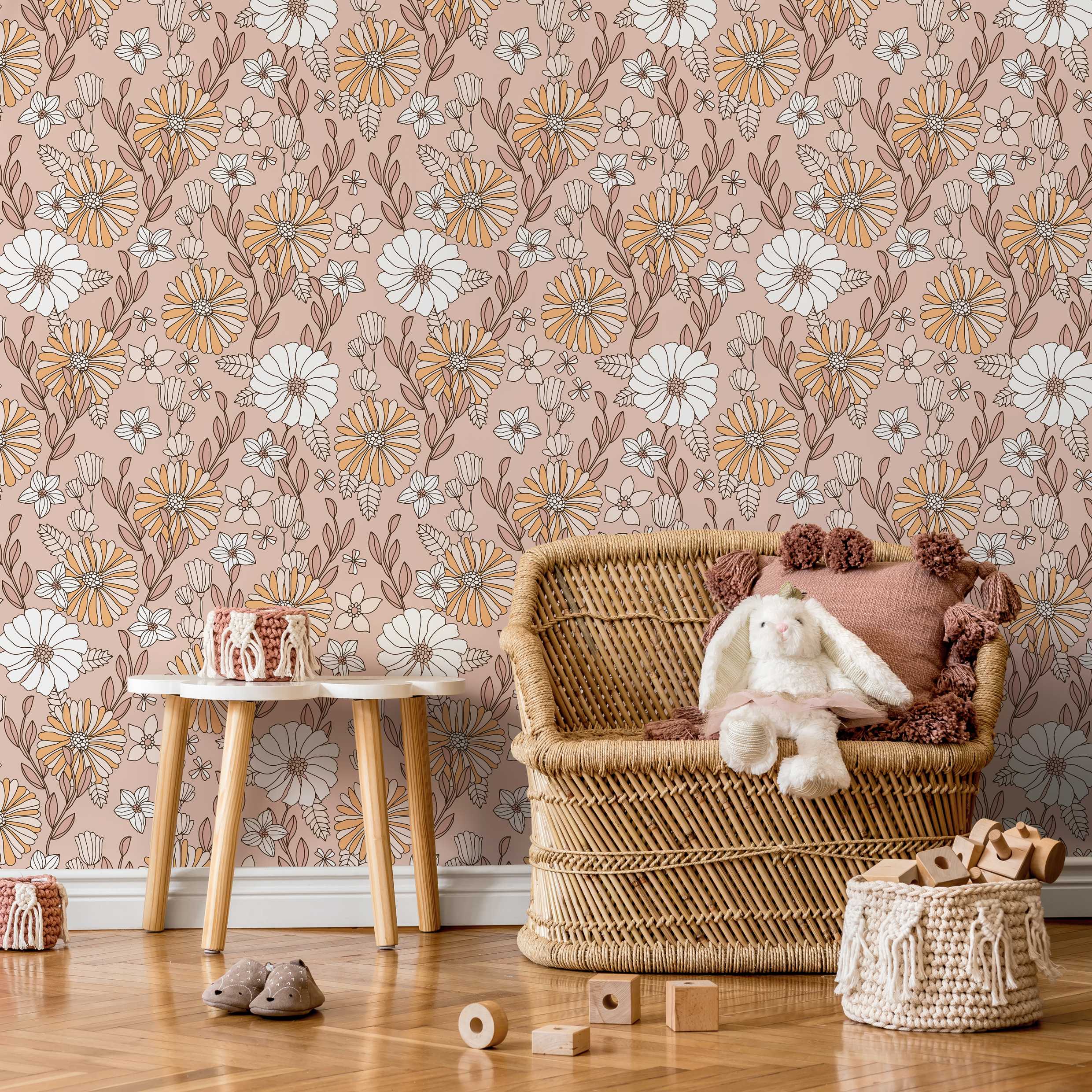 Floral Wallpaper With A Retro Daisy Motif In Pink, Yellow, And White - D377