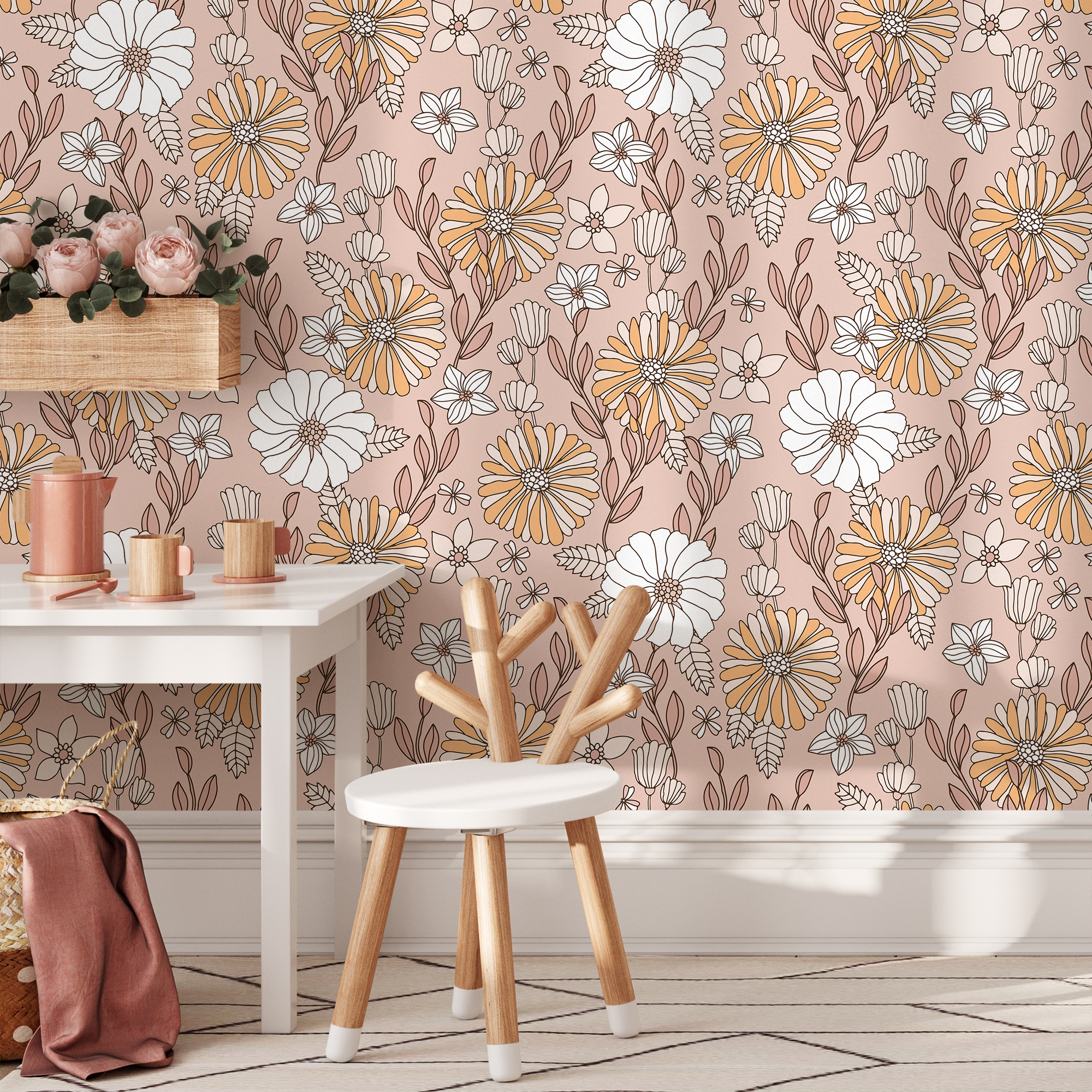Floral Wallpaper With A Retro Daisy Motif In Pink, Yellow, And White - D377