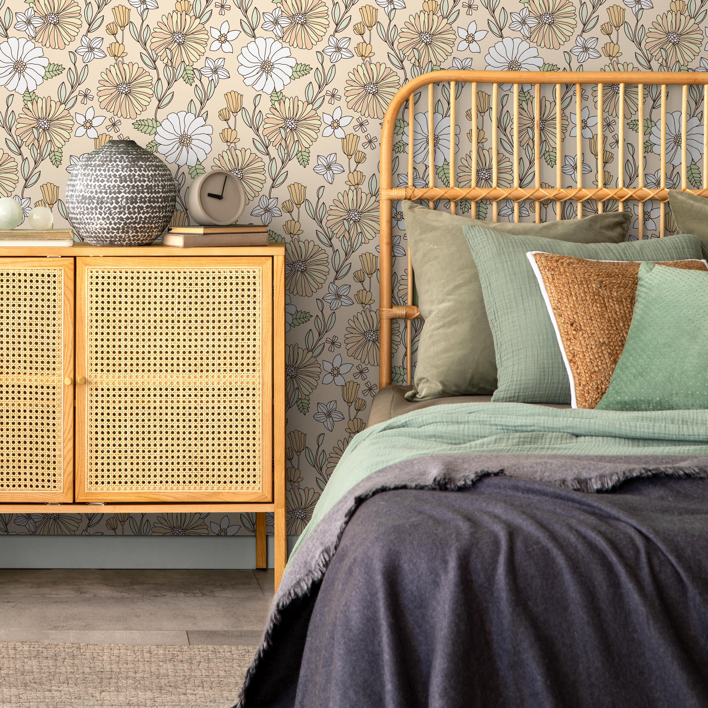 Retro Floral Wallpaper With Stylized Daisies In Yellow, Green, And White - D380