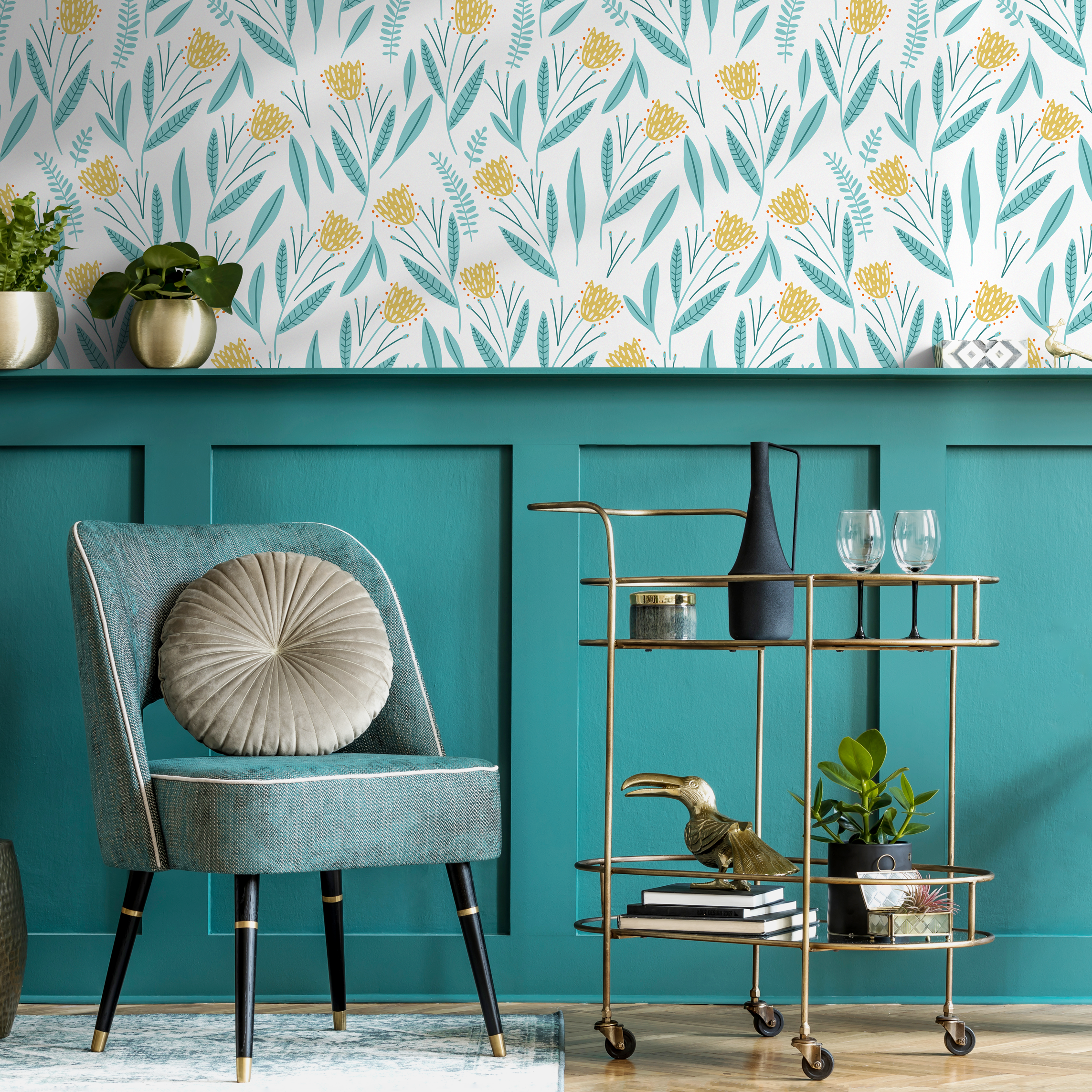 Floral Wallpaper With A Stylized Wildflower Motif In Yellow And Light Blue - D389