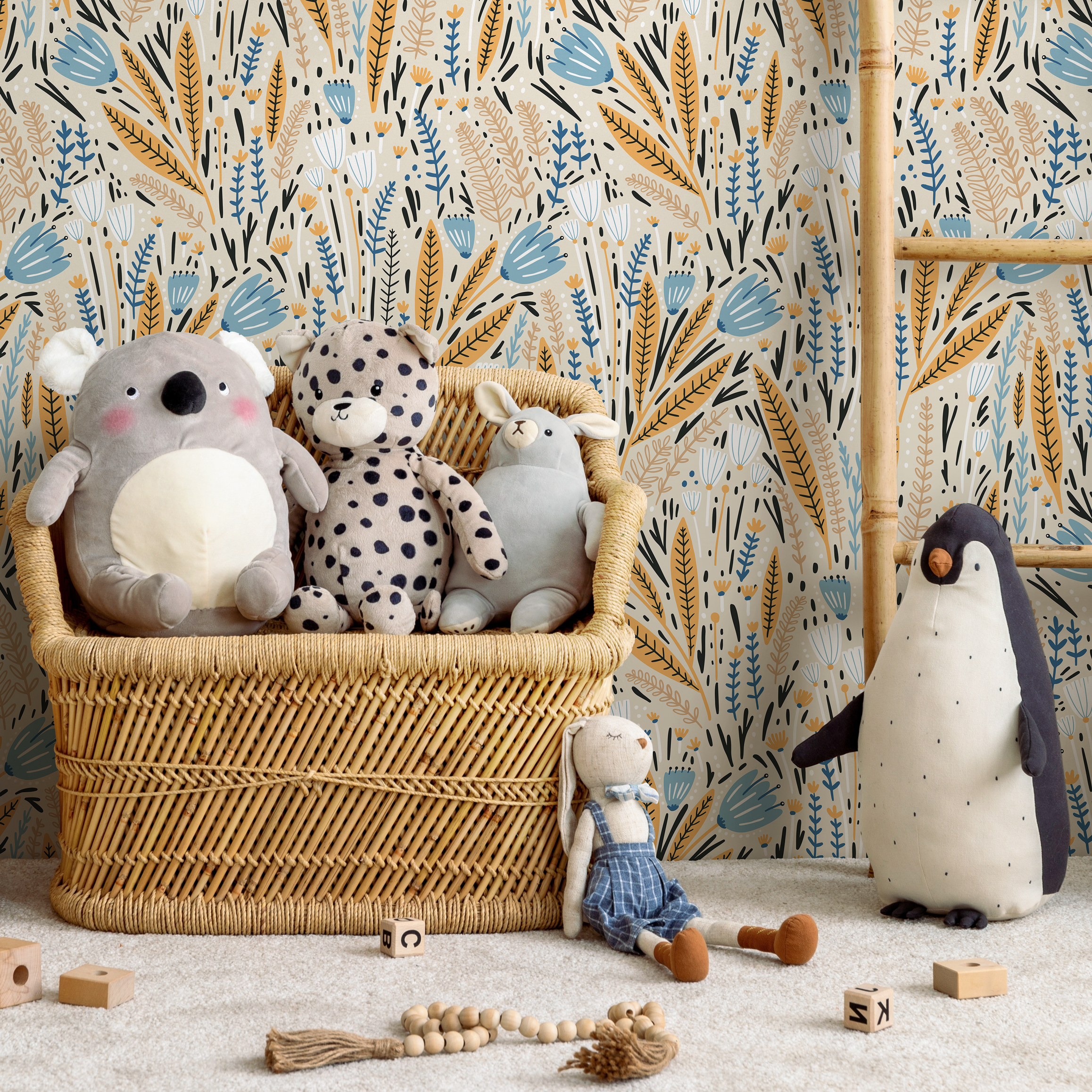 Floral Wallpaper With A Scandinavian Meadow Motif In Blue, Yellow, And Black - D397