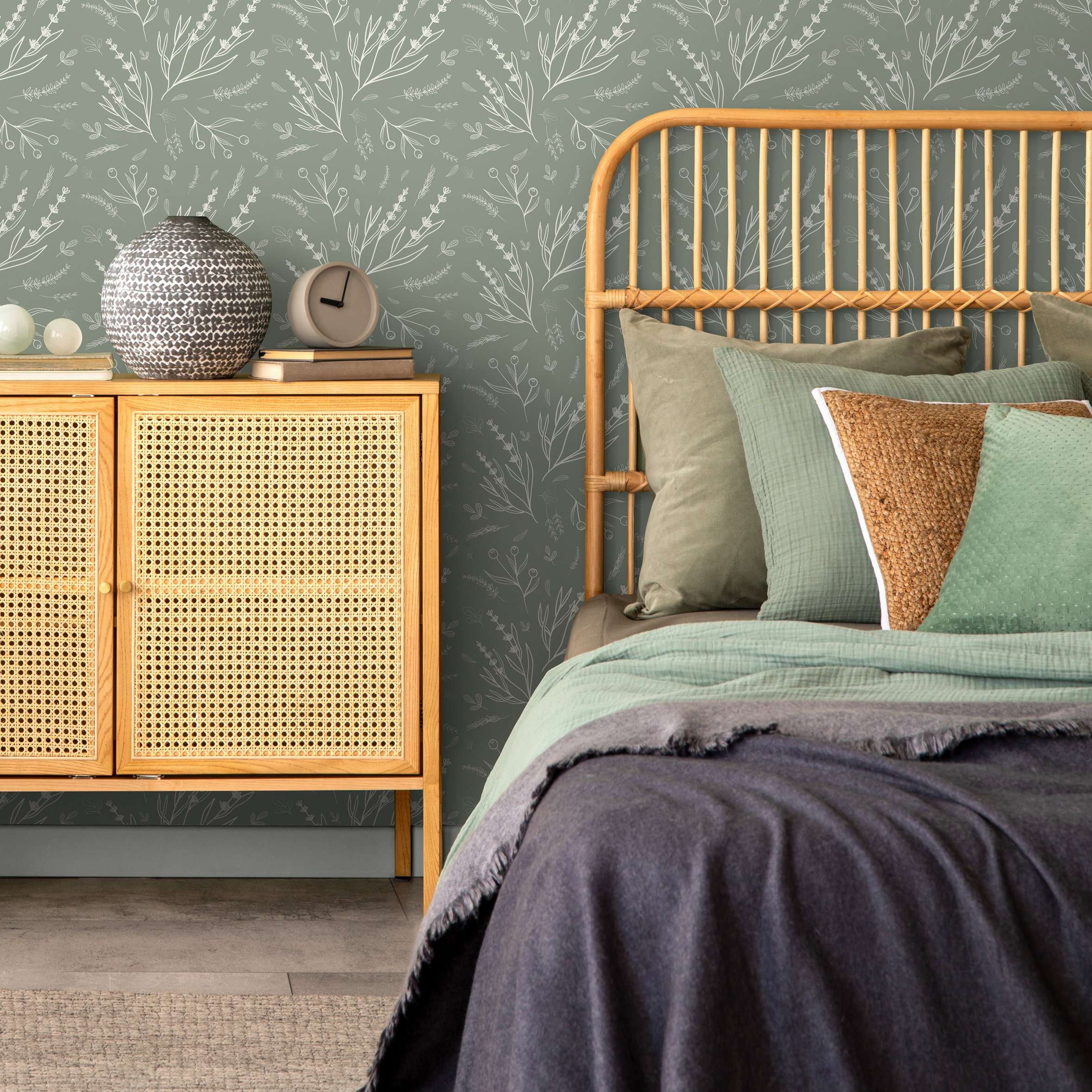 Wildflower Wallpaper With Delicate Lavender Sprigs In Sage Green And Cream - D401