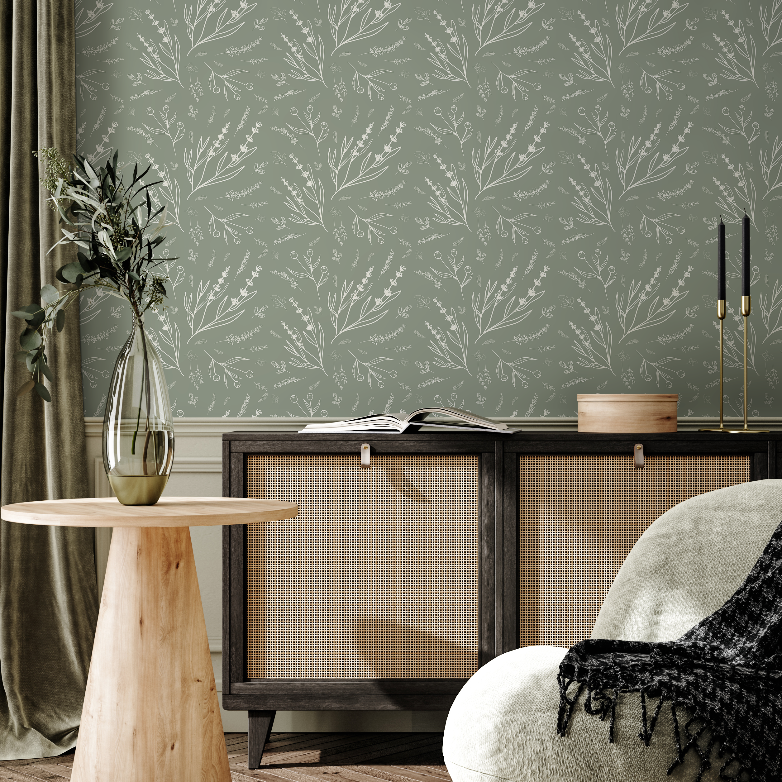 Wildflower Wallpaper With Delicate Lavender Sprigs In Sage Green And Cream - D401