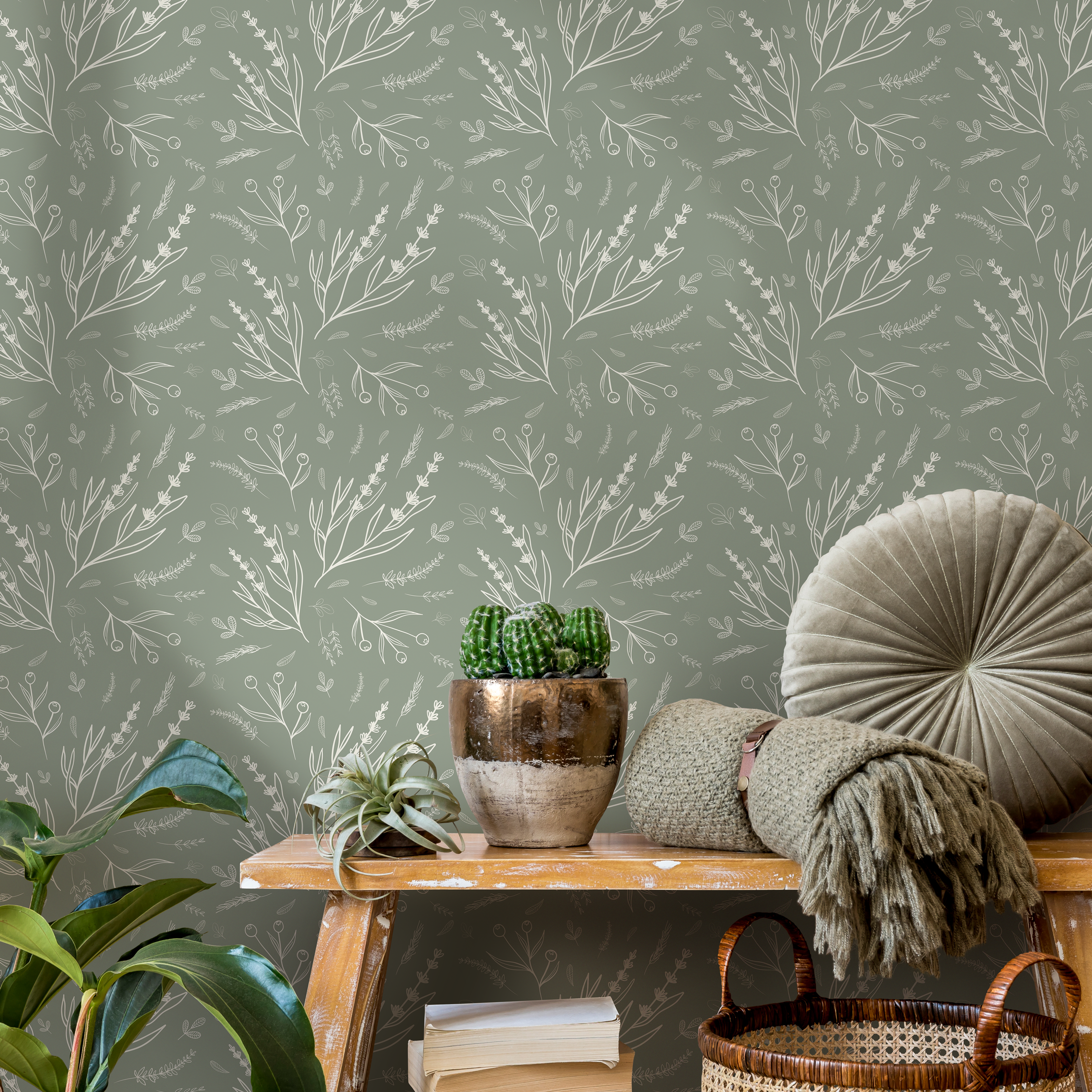 Wildflower Wallpaper With Delicate Lavender Sprigs In Sage Green And Cream - D401