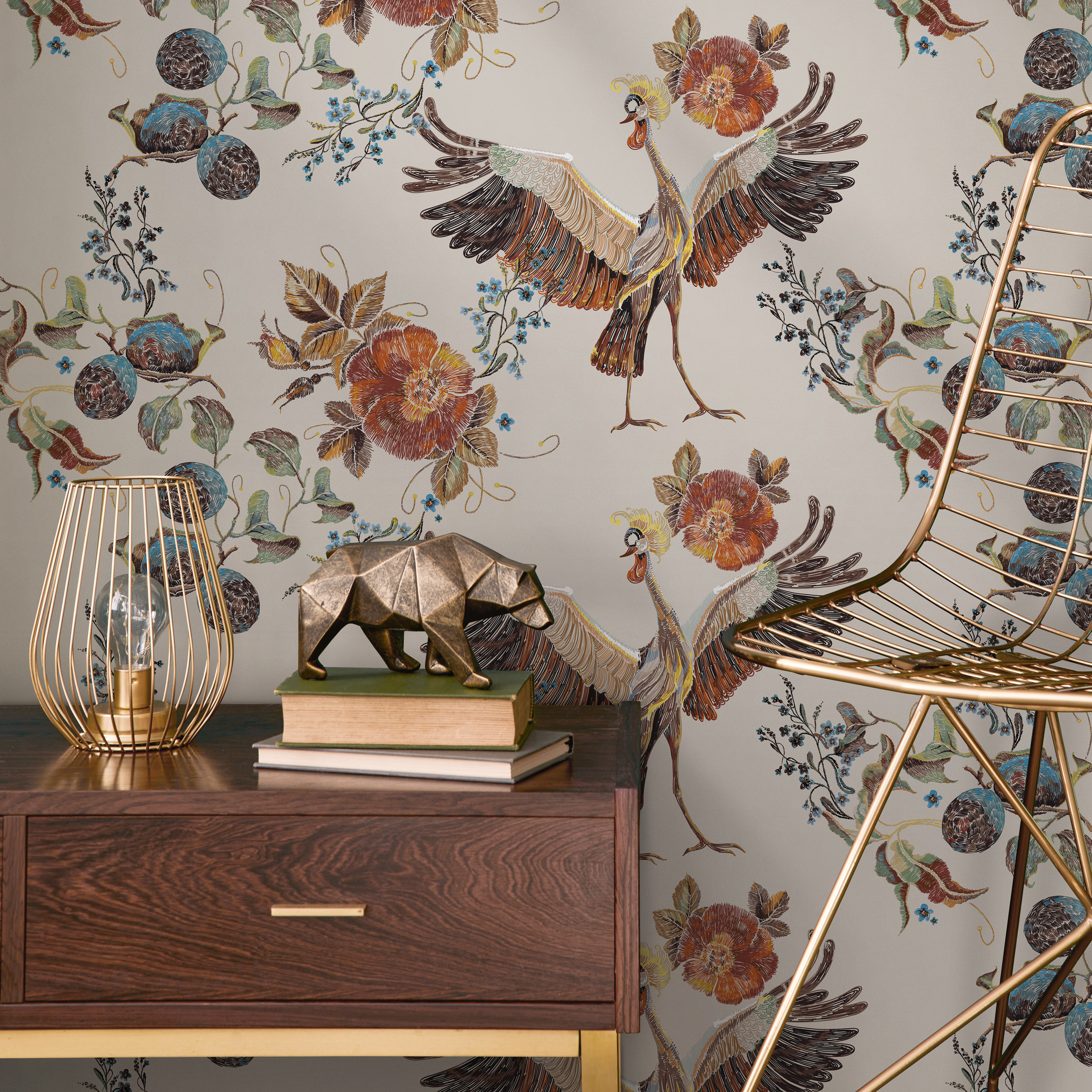 Vintage Floral And Bird Wallpaper With An Embroidered Motif In Orange And Blue - D404