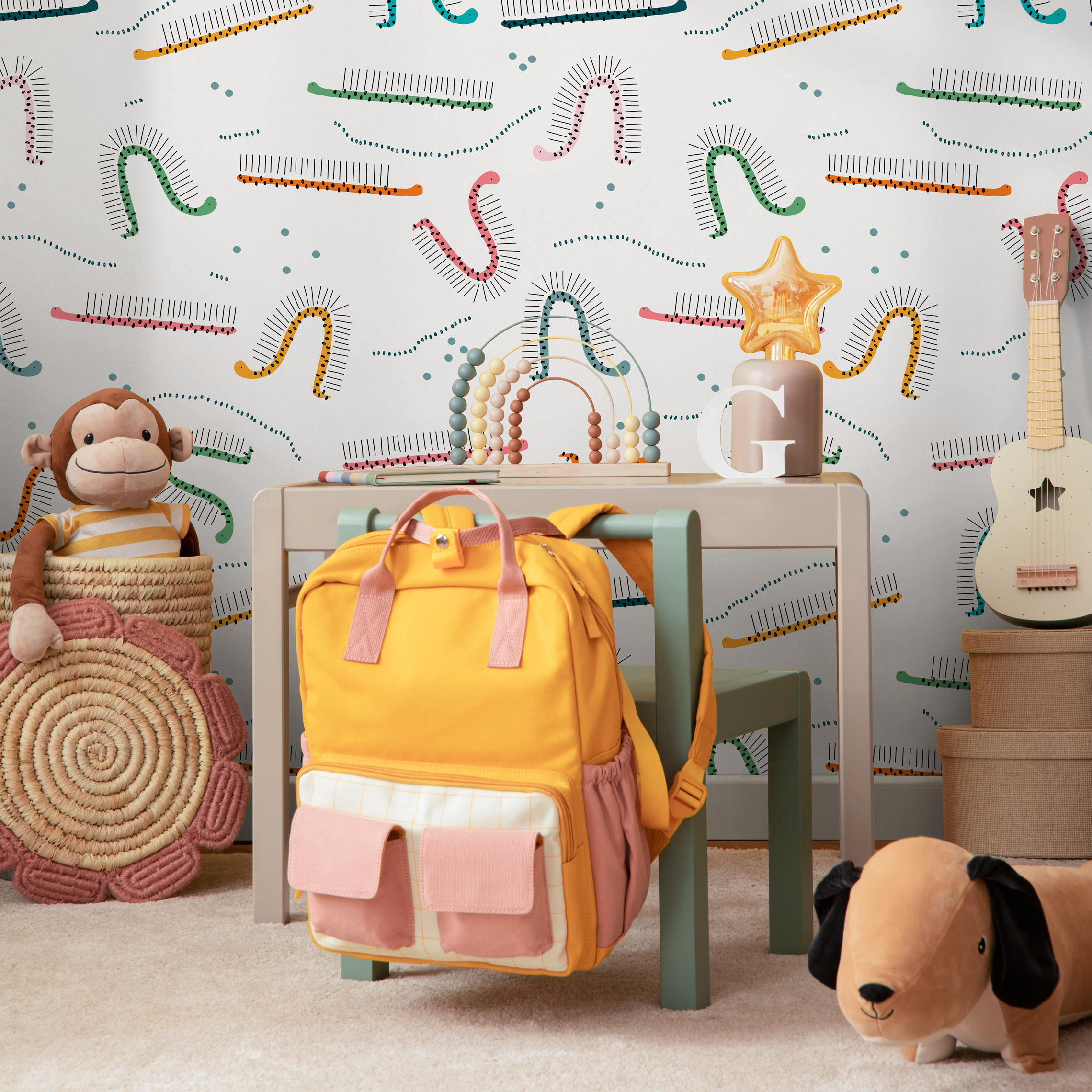 Abstract Wallpaper With Whimsical Caterpillar Motifs In Teal, Orange, And Green - D405