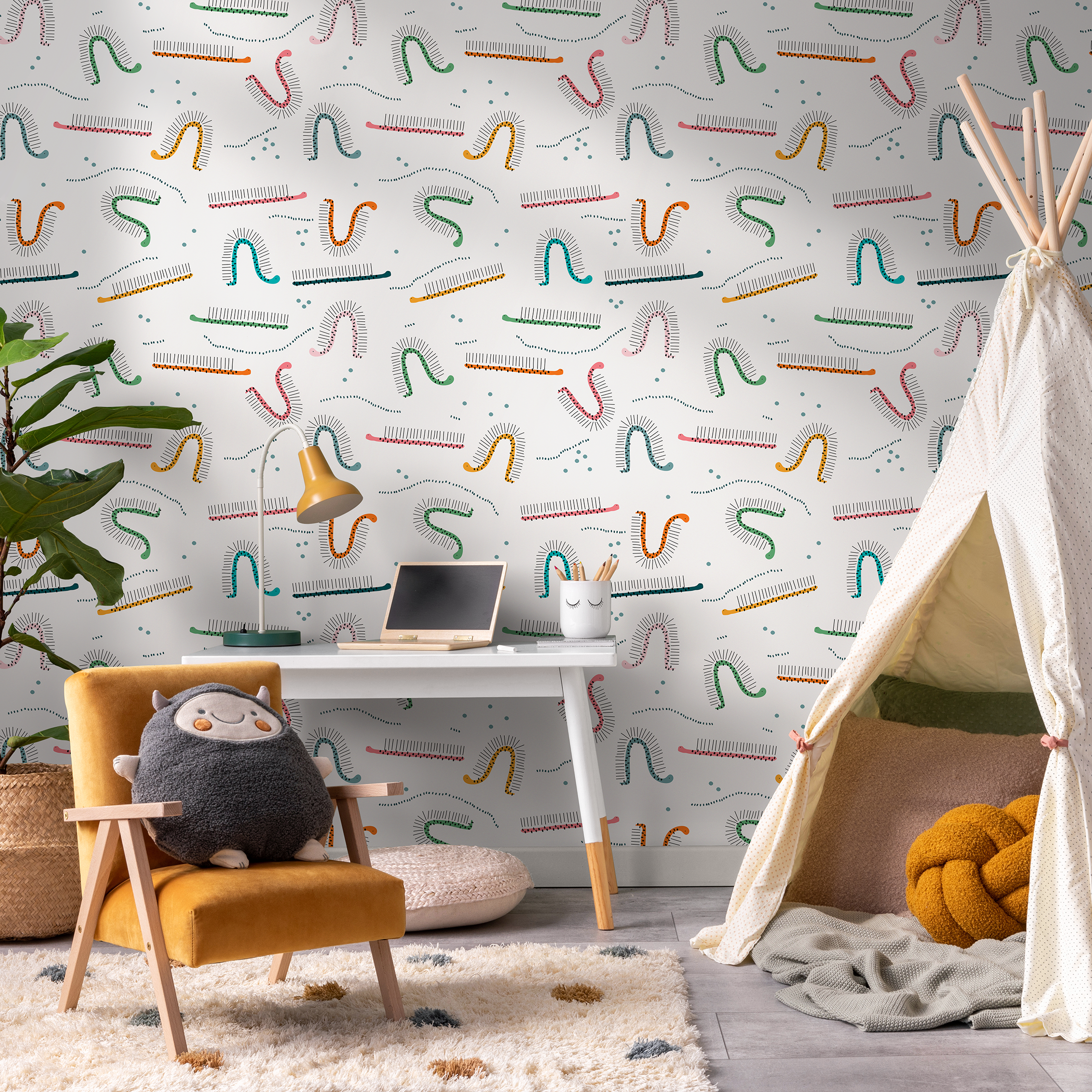Abstract Wallpaper With Whimsical Caterpillar Motifs In Teal, Orange, And Green - D405