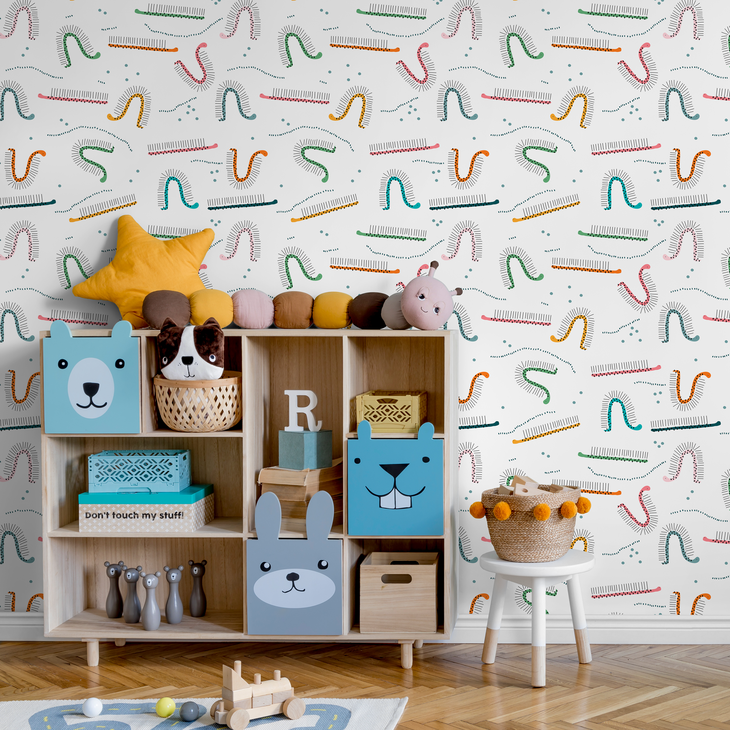 Abstract Wallpaper With Whimsical Caterpillar Motifs In Teal, Orange, And Green - D405