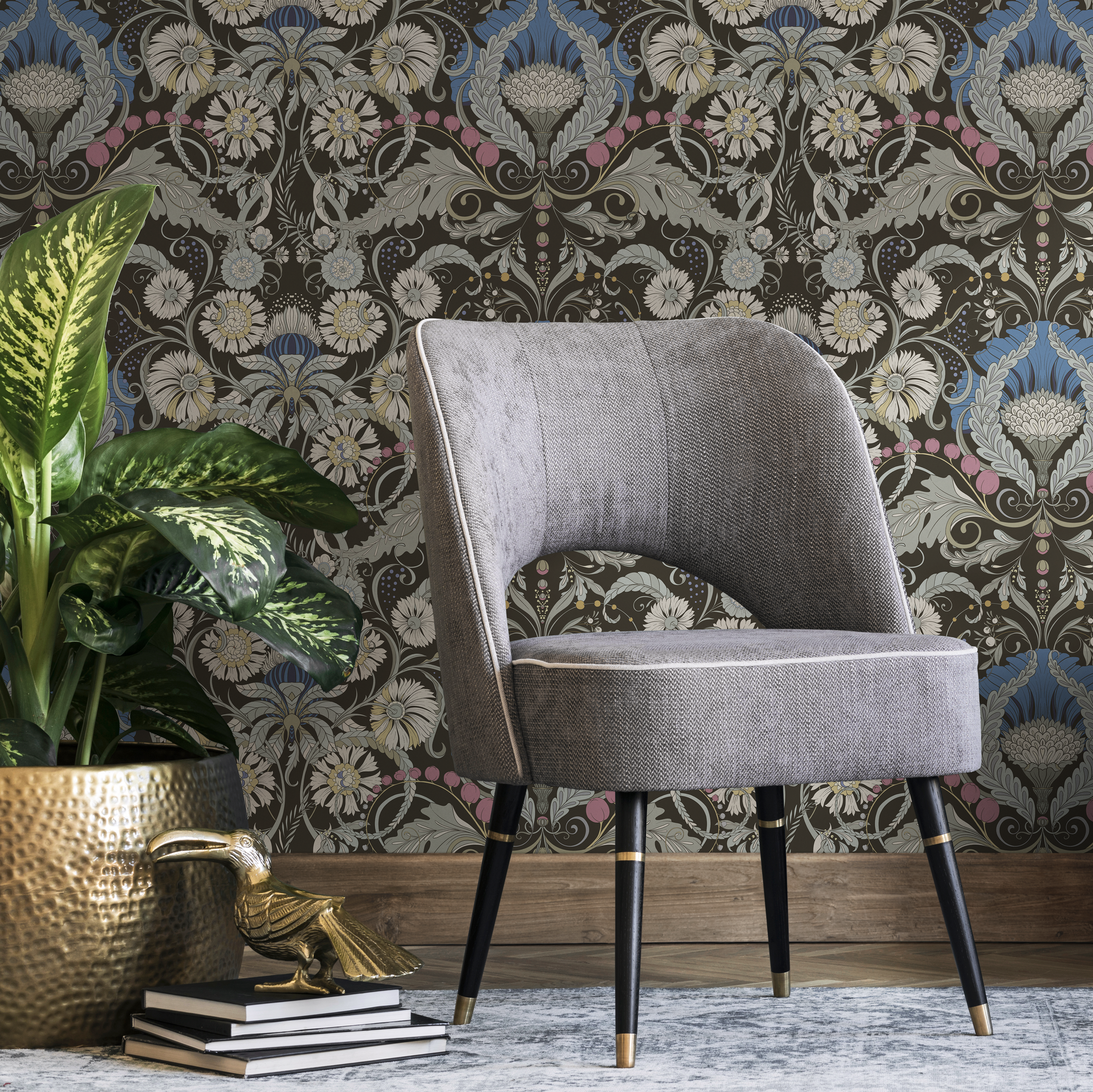 Art Nouveau Wallpaper With A Floral Damask Motif In Brown, Blue, And Pink - D407