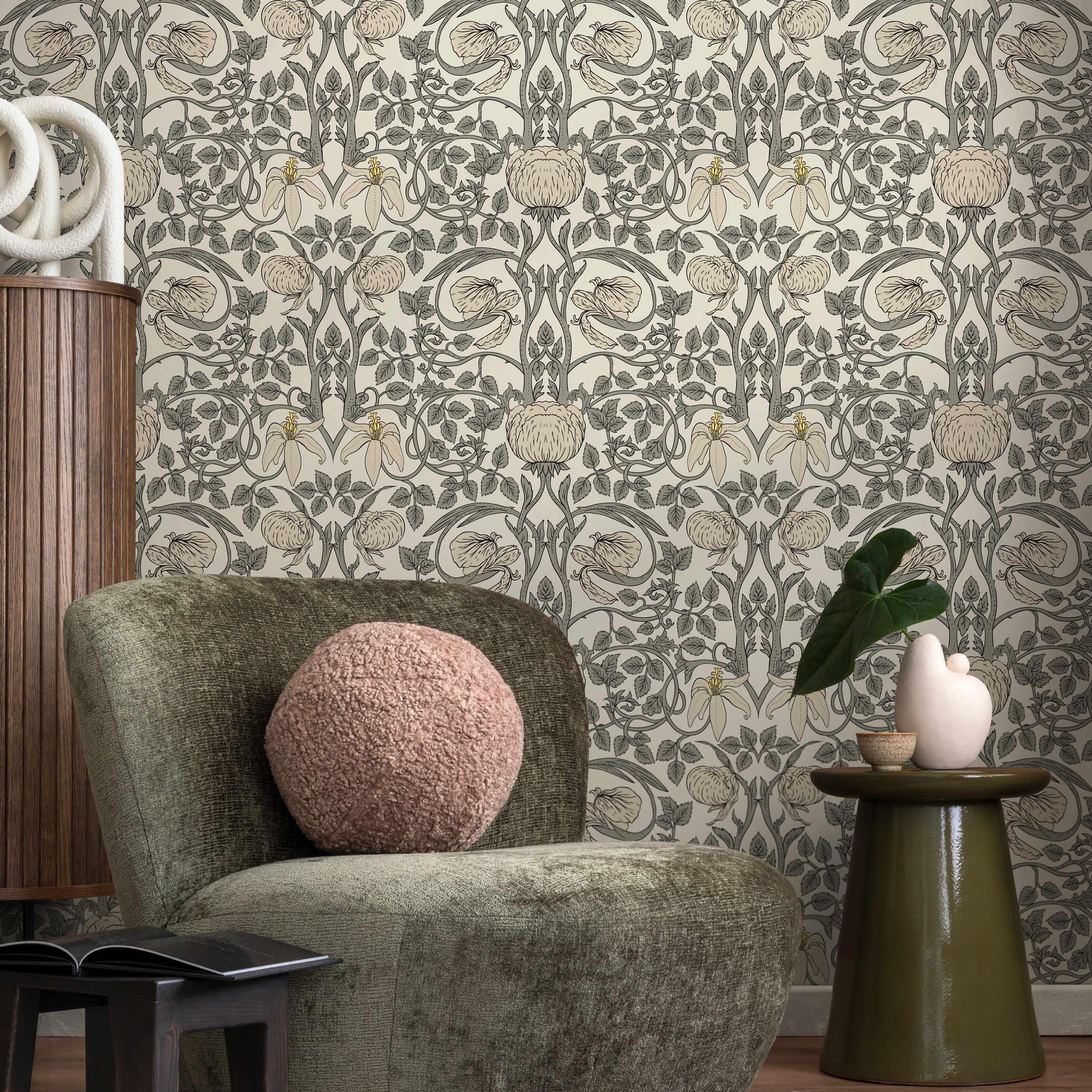 Art Nouveau Wallpaper With Floral Vines In Gray, Pink, And Yellow - D478
