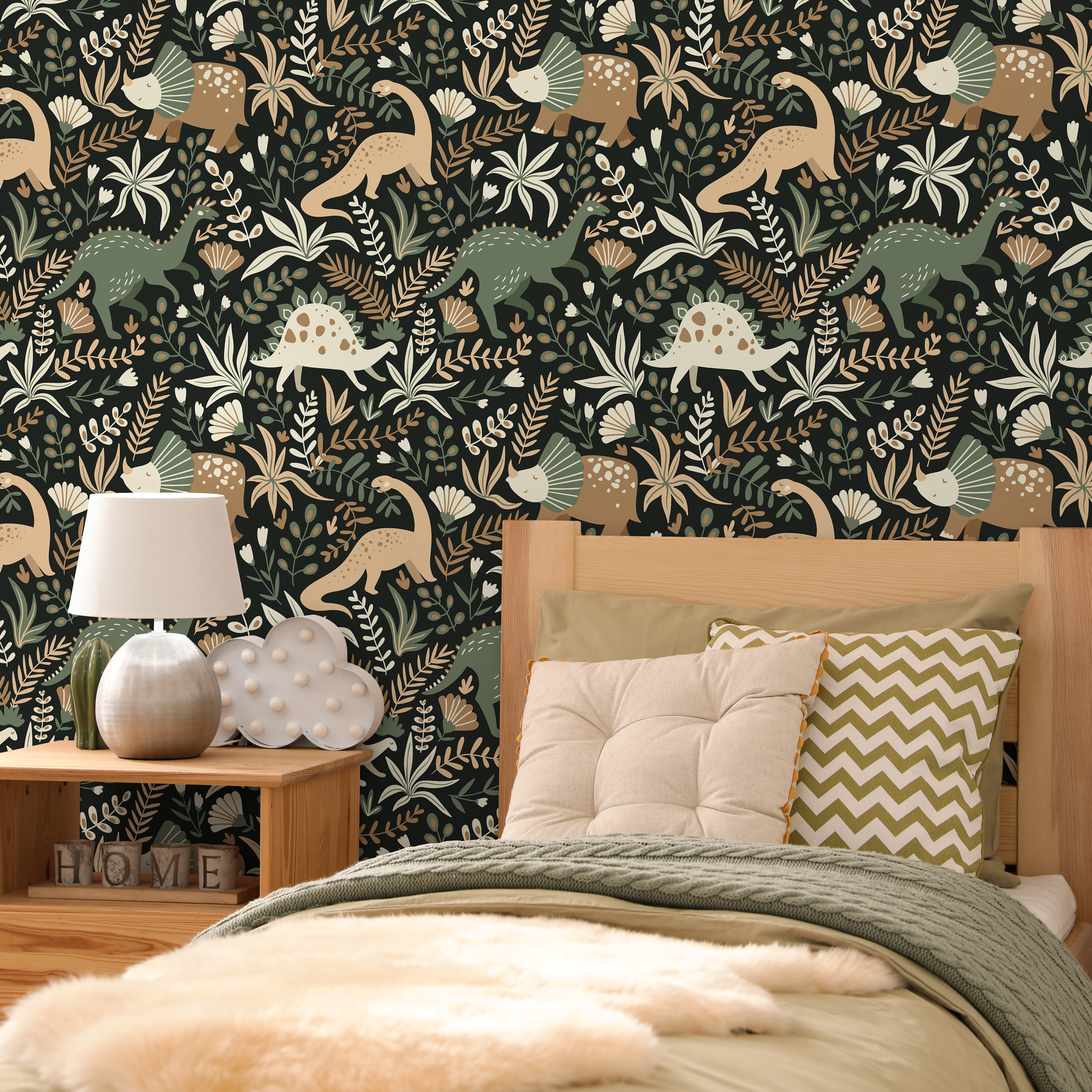 Dinosaur Wallpaper With Botanical Elements In Green, Brown, And Cream - D481
