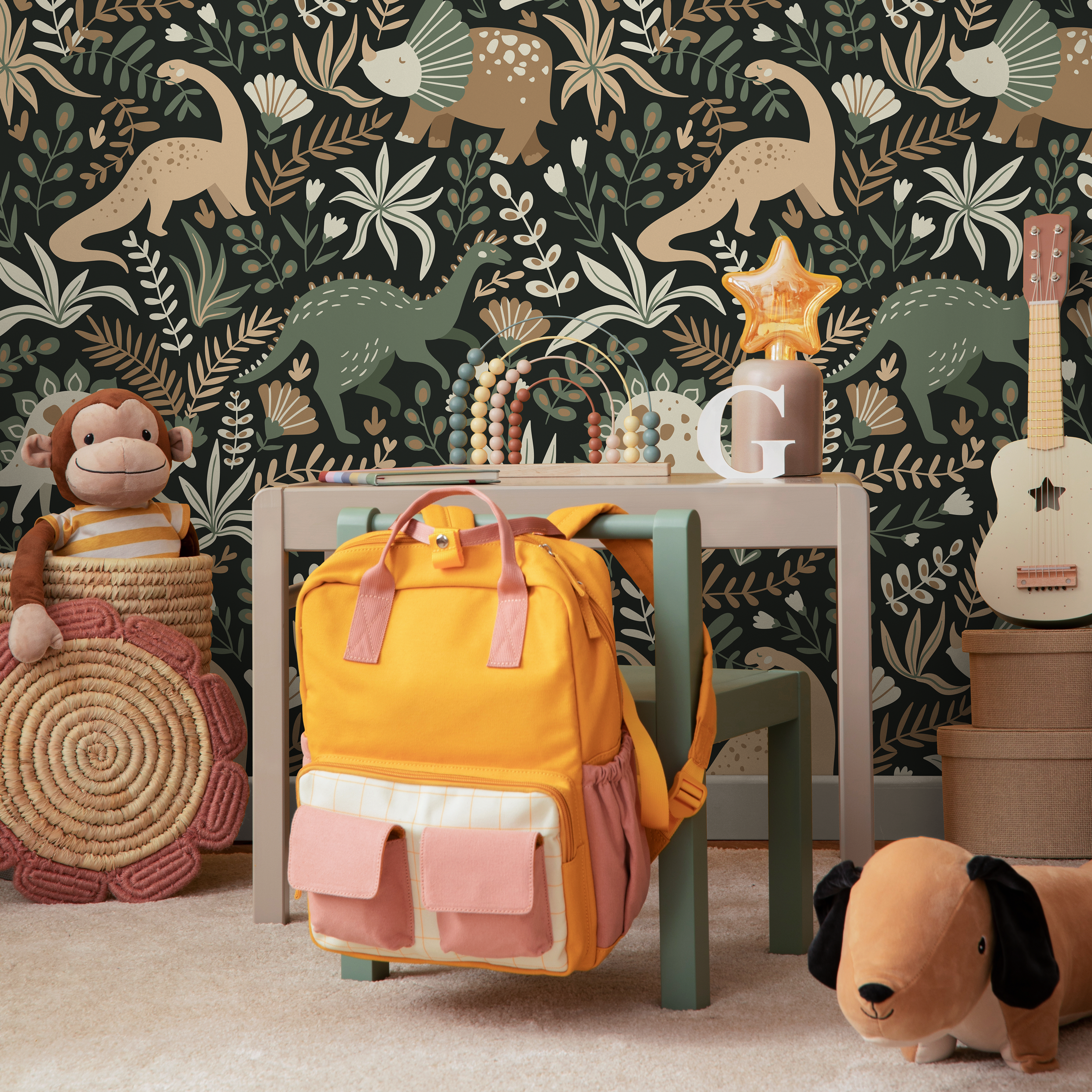 Dinosaur Wallpaper With Botanical Elements In Green, Brown, And Cream - D481