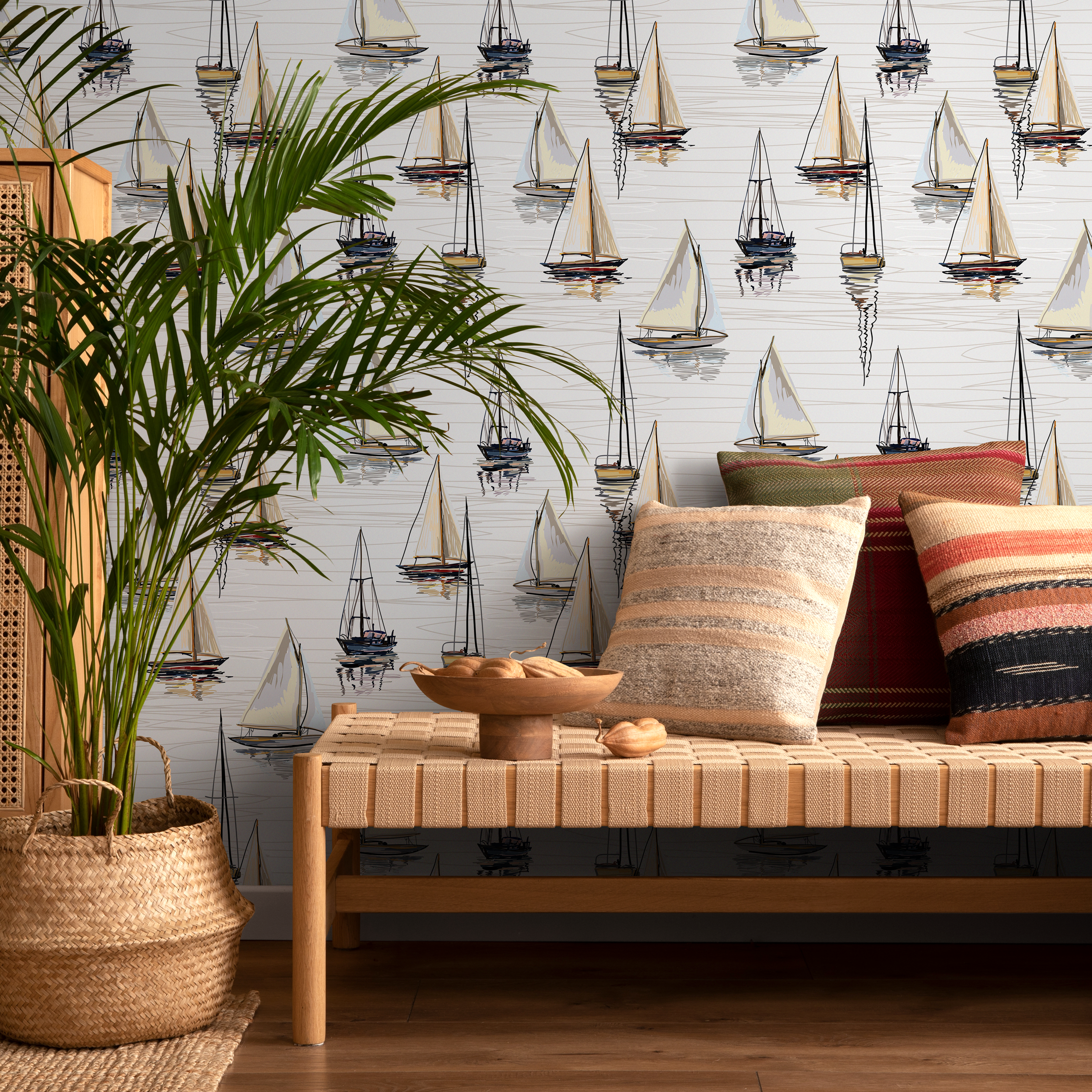 Nautical Wallpaper With A Hand-drawn Sailboat Motif In Tan, Black, And Blue - D484