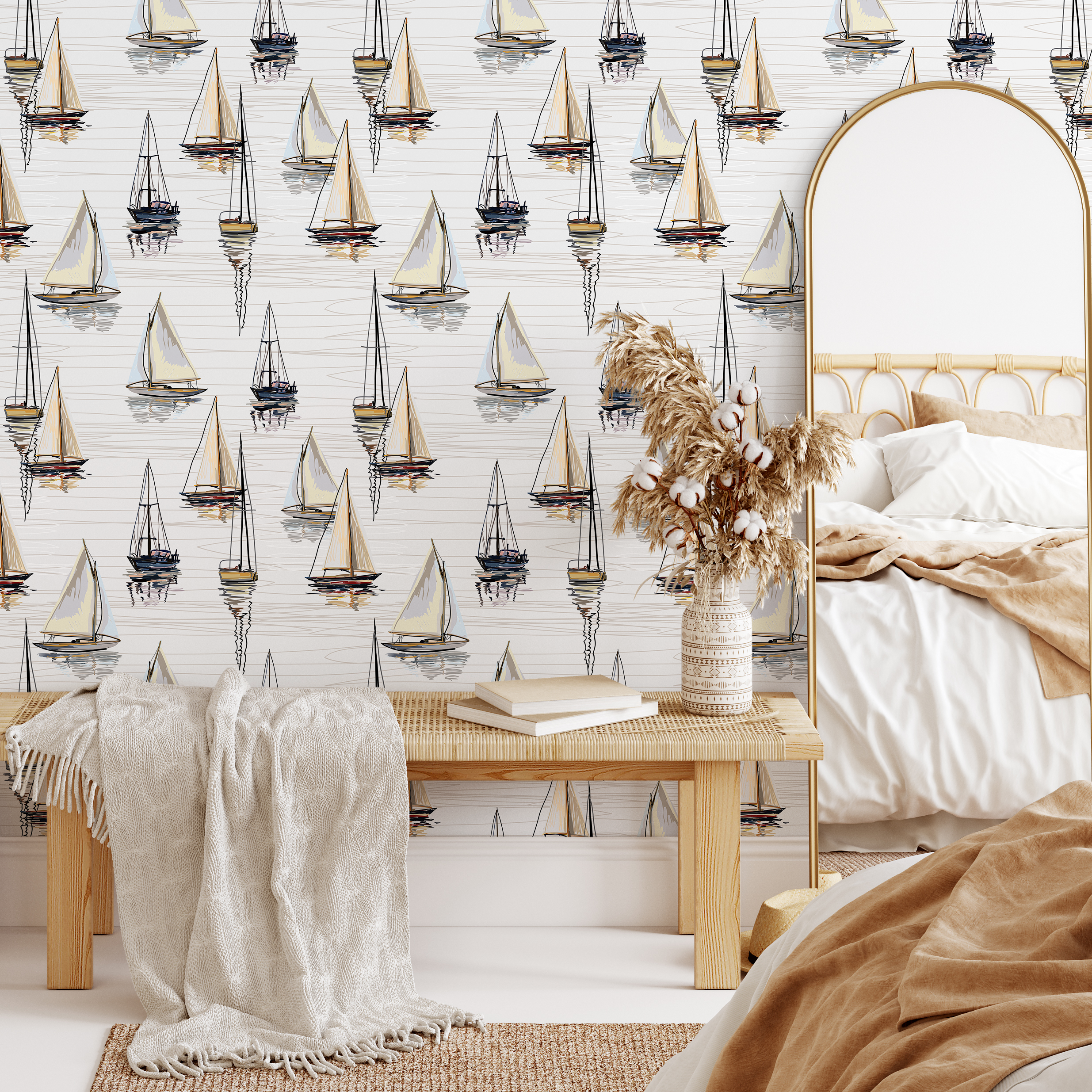 Nautical Wallpaper With A Hand-drawn Sailboat Motif In Tan, Black, And Blue - D484
