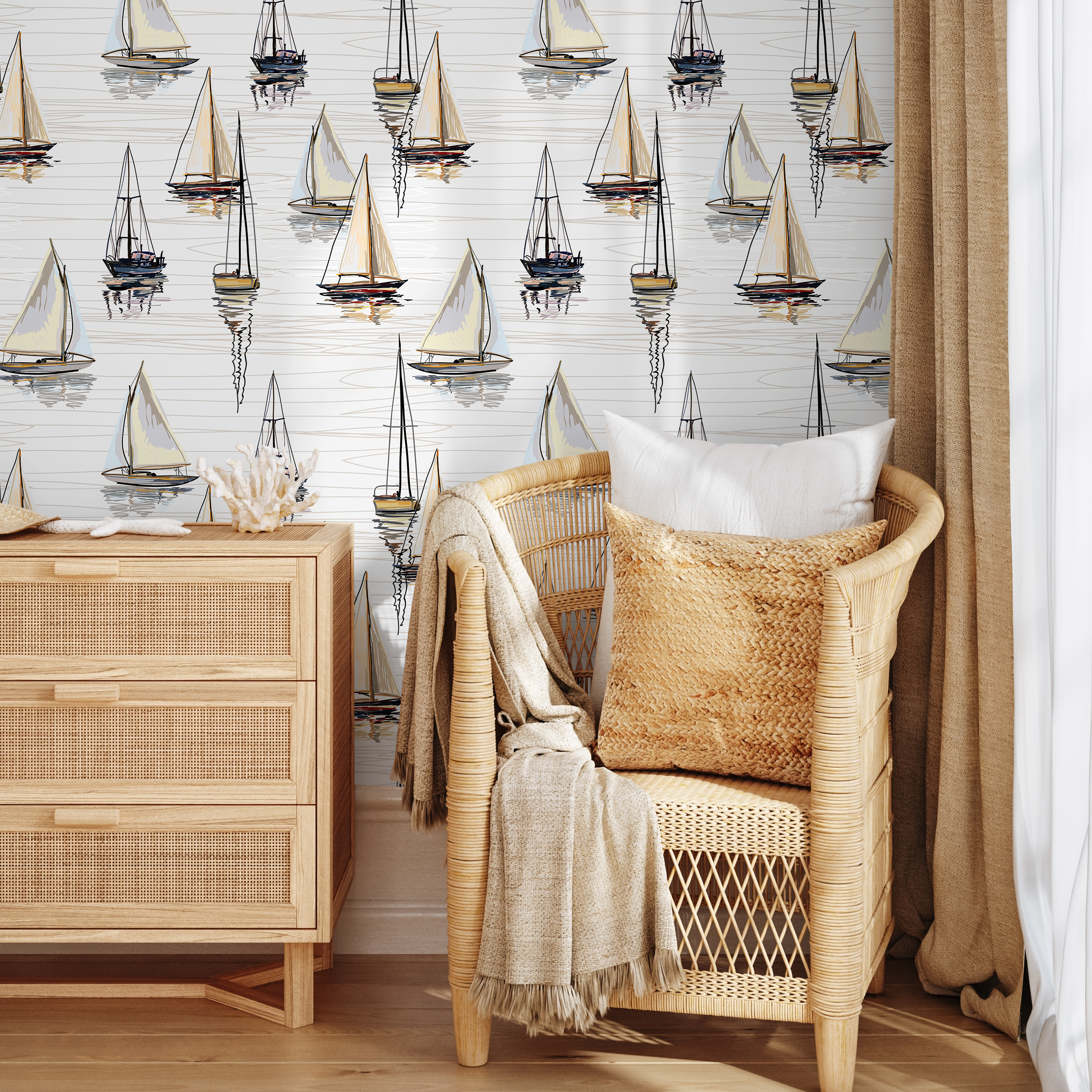 Nautical Wallpaper With A Hand-drawn Sailboat Motif In Tan, Black, And Blue - D484