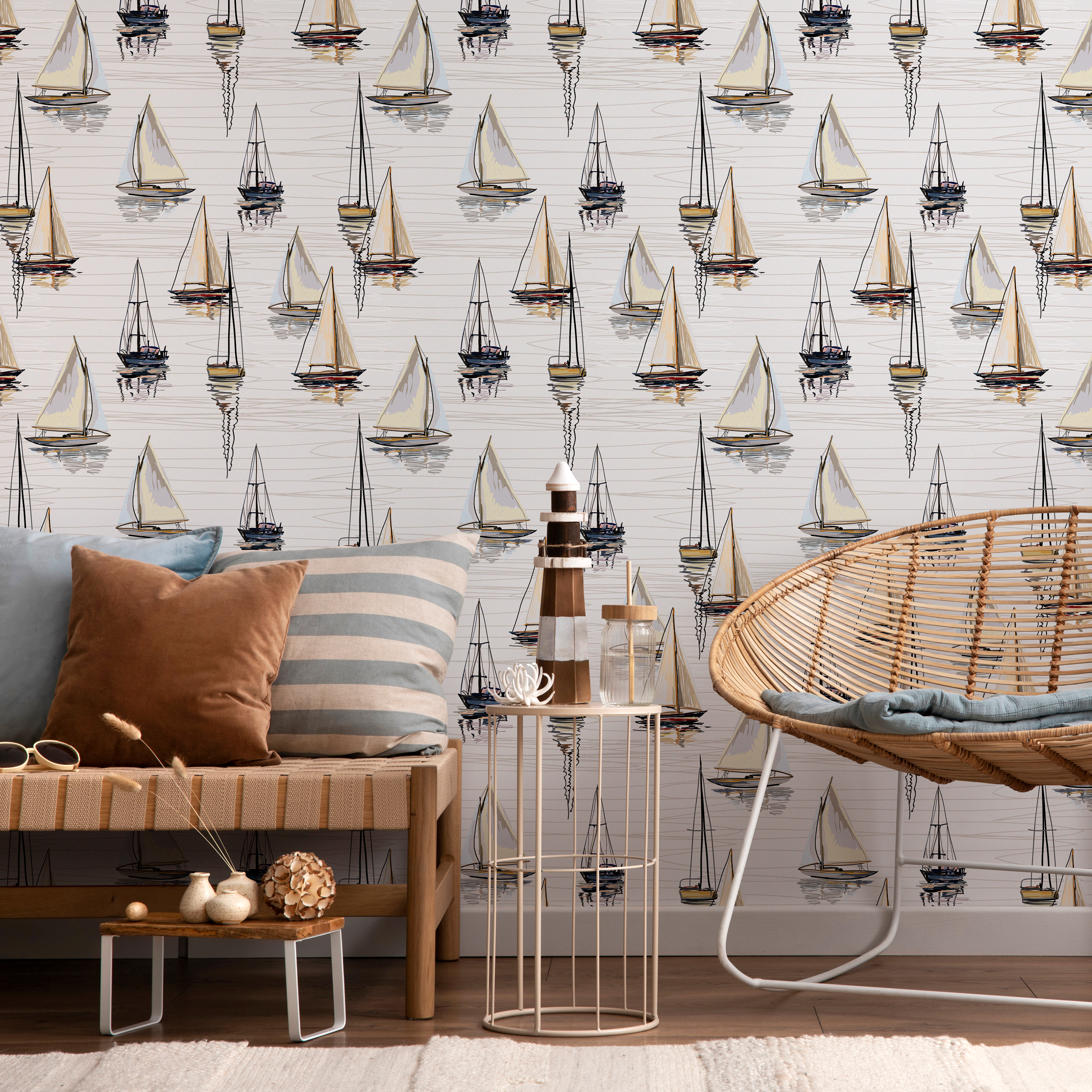 Nautical Wallpaper With A Hand-drawn Sailboat Motif In Tan, Black, And Blue - D484