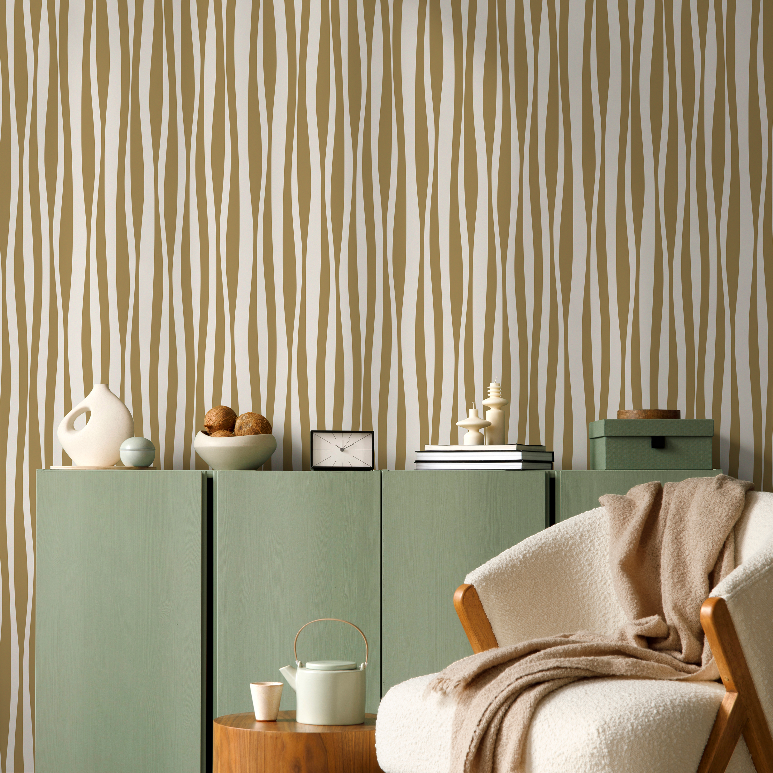 Abstract Wallpaper With Wavy Vertical Stripes In Mustard And Cream - D486