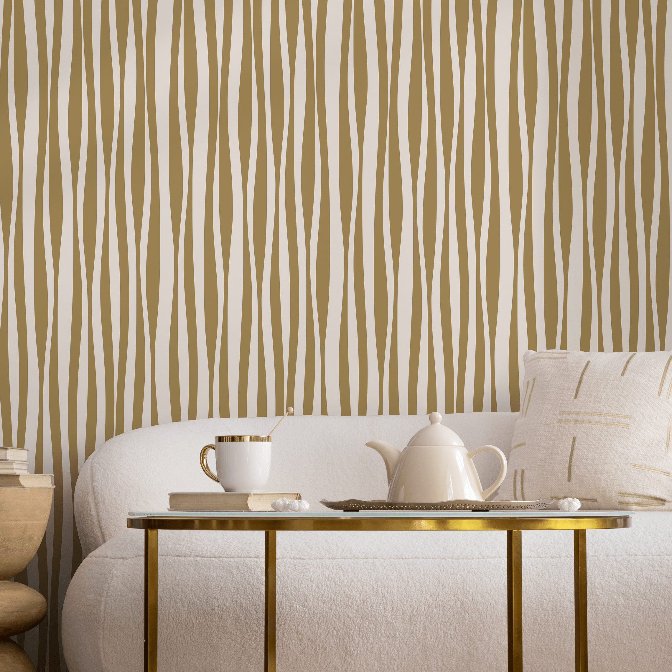 Abstract Wallpaper With Wavy Vertical Stripes In Mustard And Cream - D486