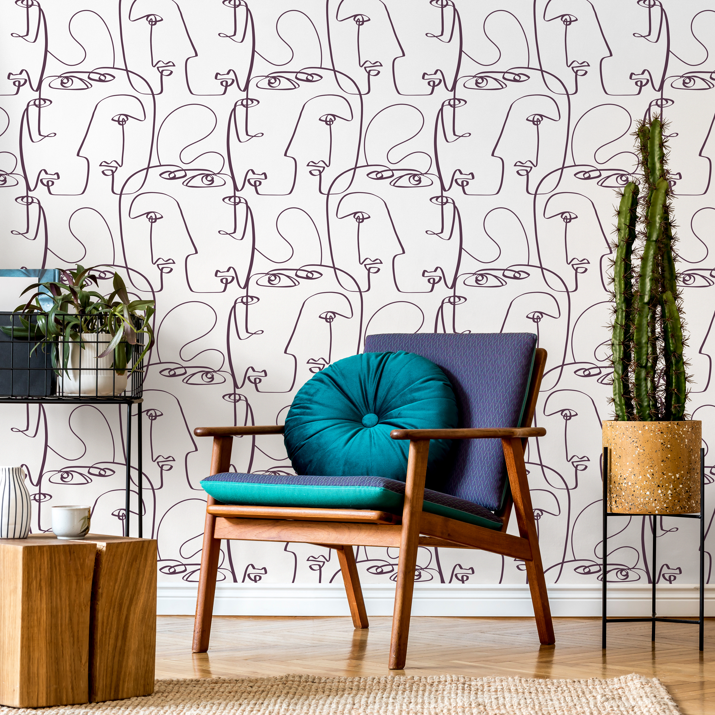 Line Art Wallpaper With A Continuous Face Motif In Dark Purple - D492