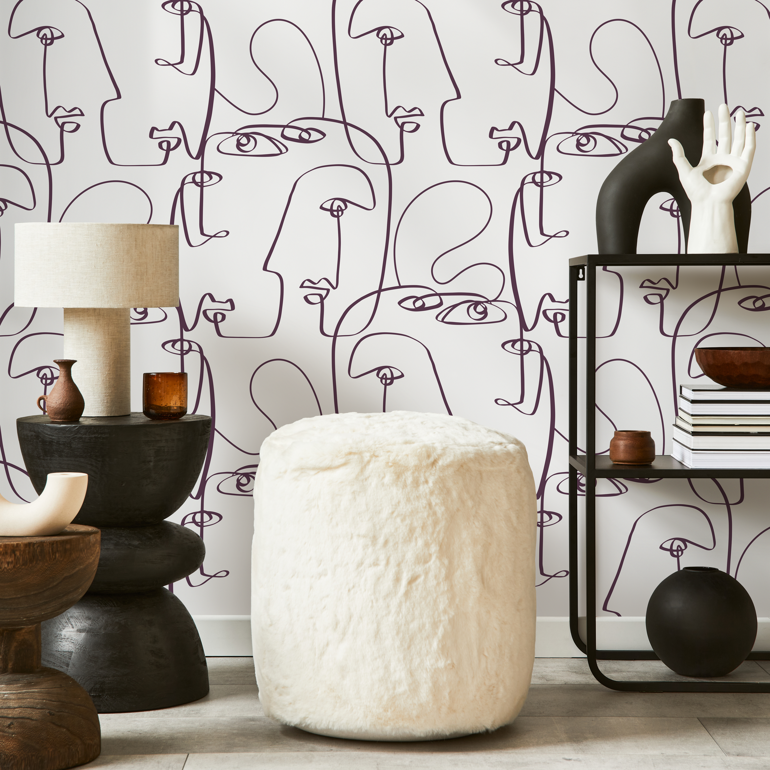 Line Art Wallpaper With A Continuous Face Motif In Dark Purple - D492