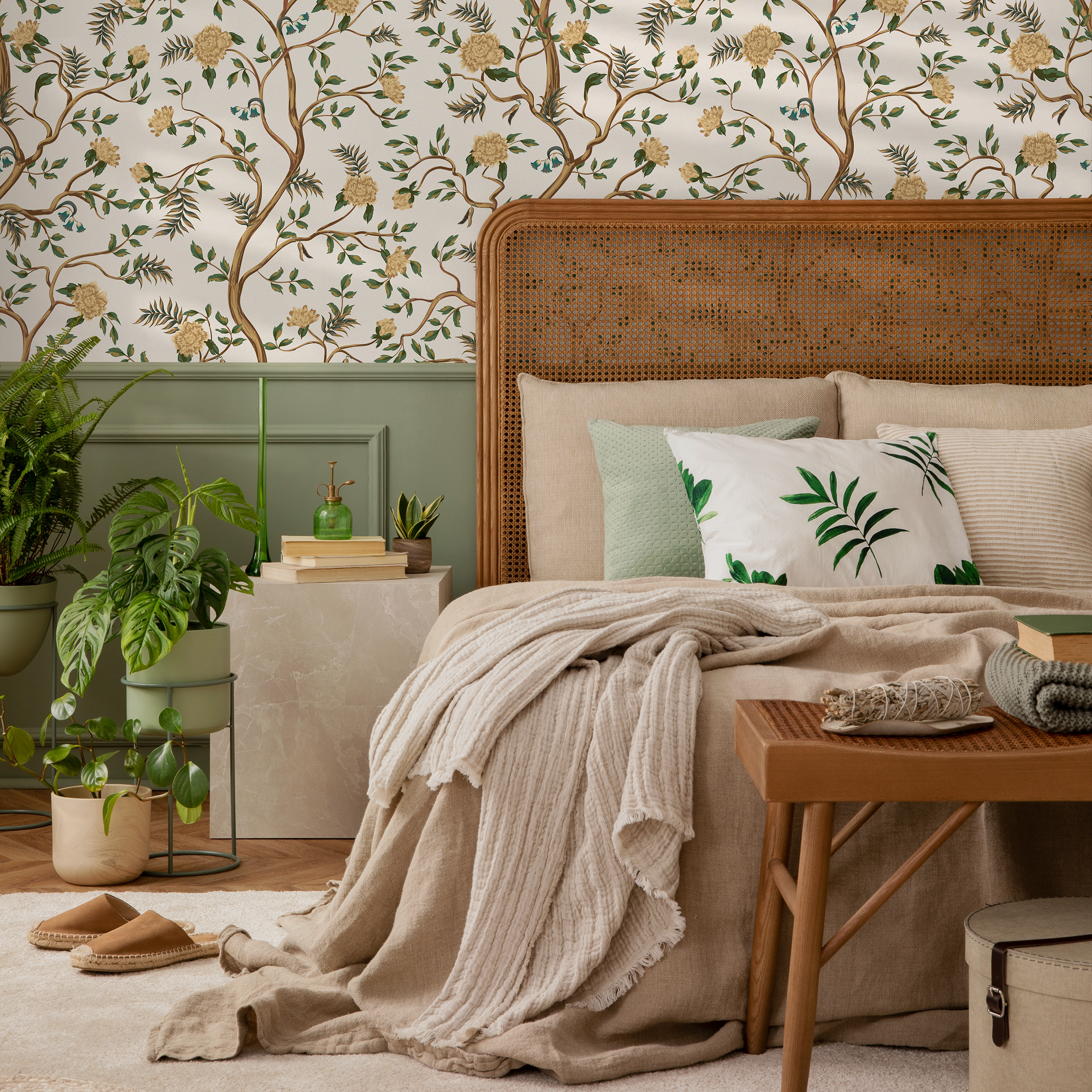 Chinoiserie Wallpaper With Winding Floral Branches In Gold, Green, And Blue - D503