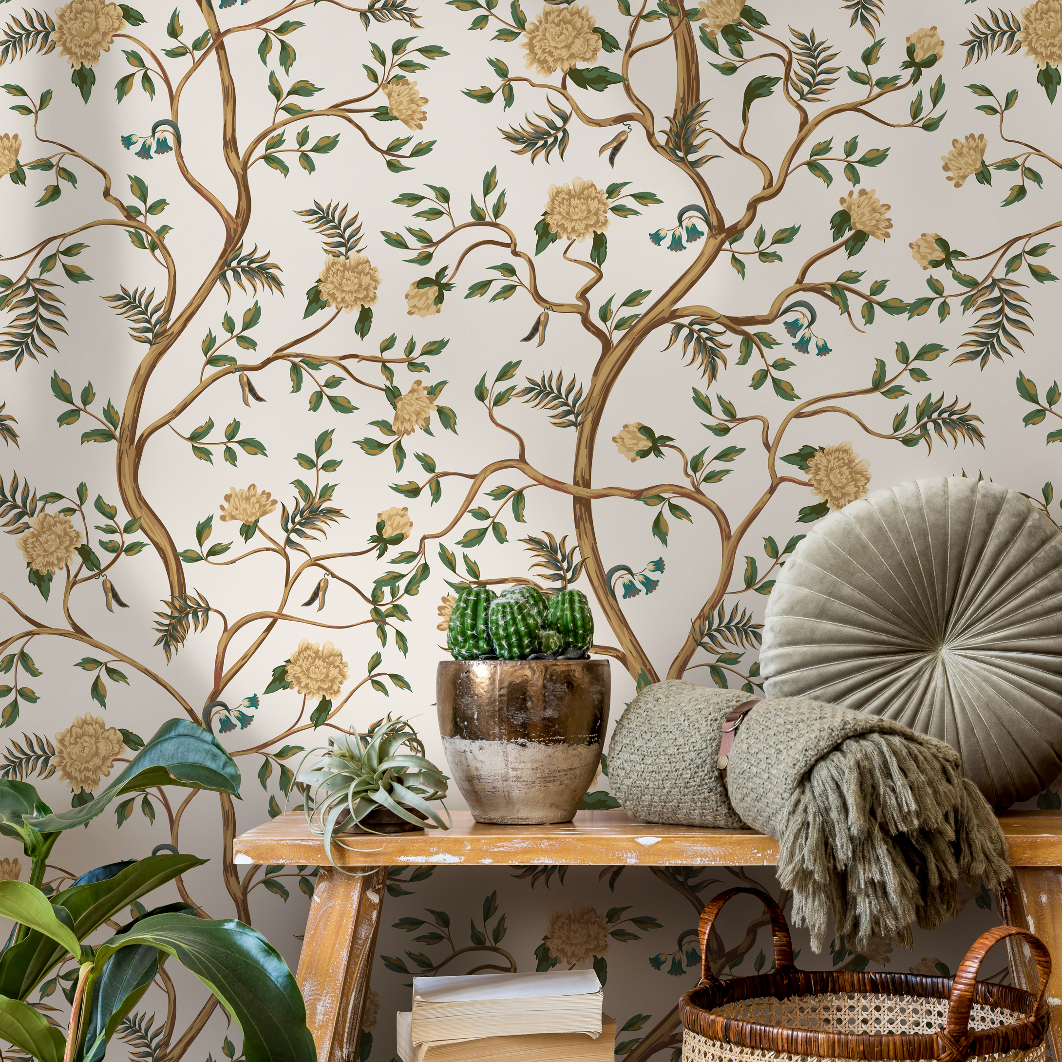 Chinoiserie Wallpaper With Winding Floral Branches In Gold, Green, And Blue - D503