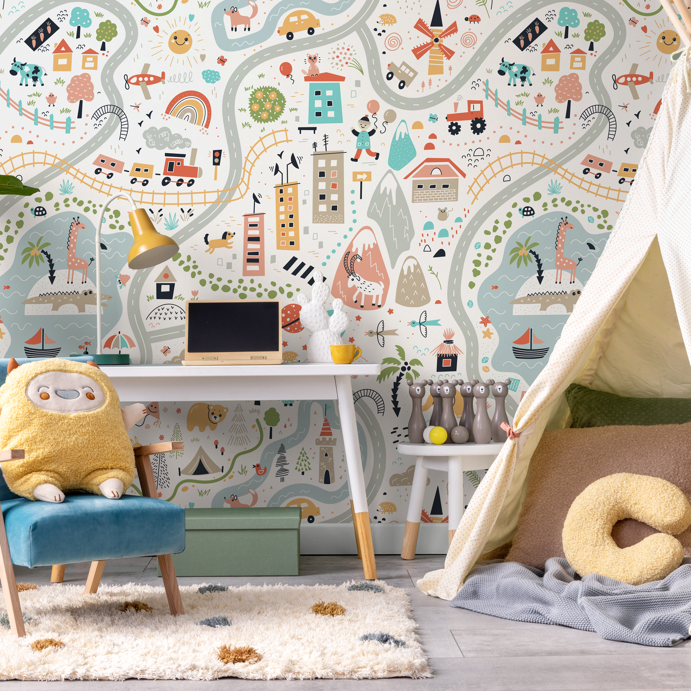 Kids Map Wallpaper With A Town, Roads, And Animals In Blue, Red, And Yellow - D504