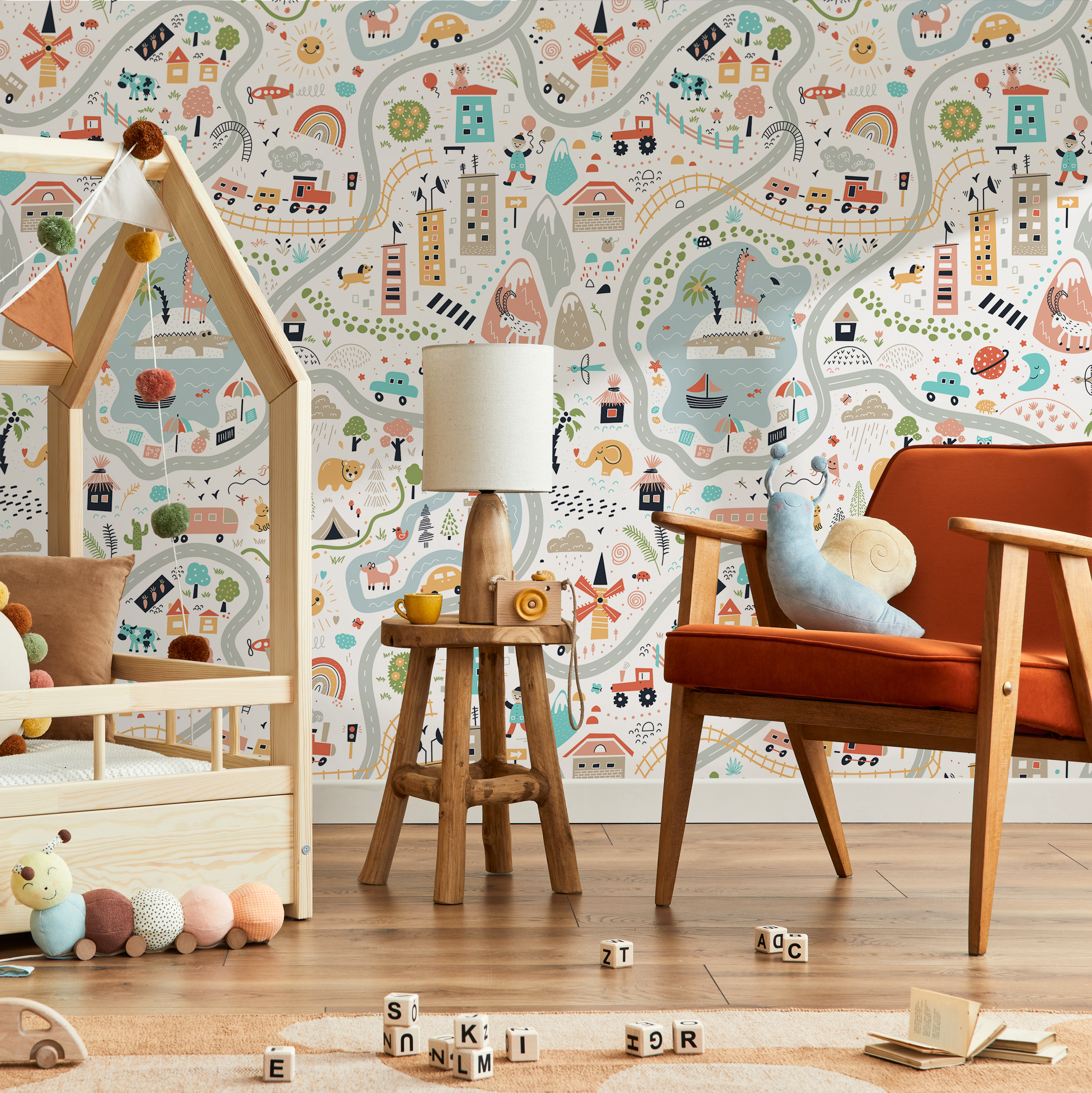 Kids Map Wallpaper With A Town, Roads, And Animals In Blue, Red, And Yellow - D504