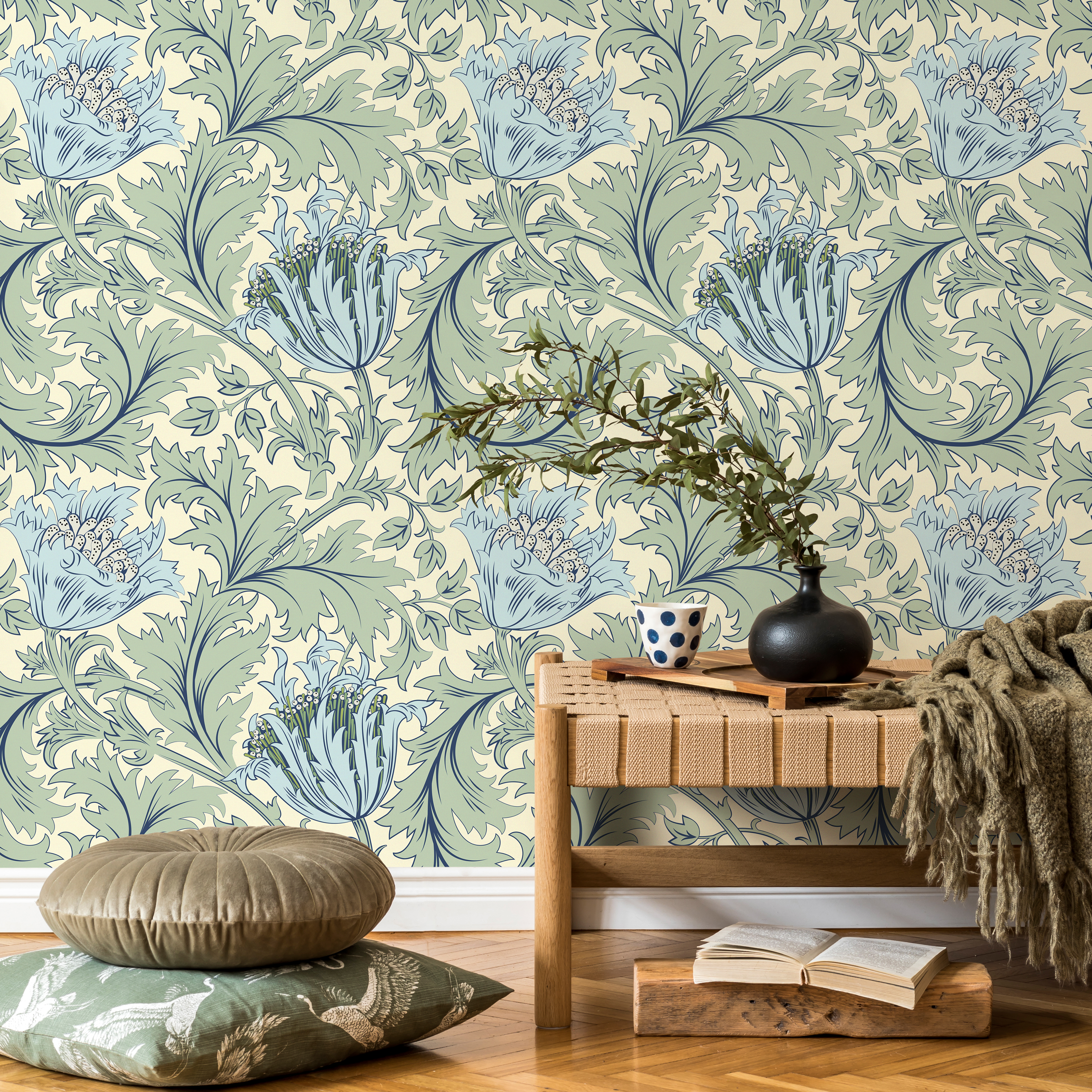 William Morris Wallpaper With Stylized Florals In Green And Blue - D515