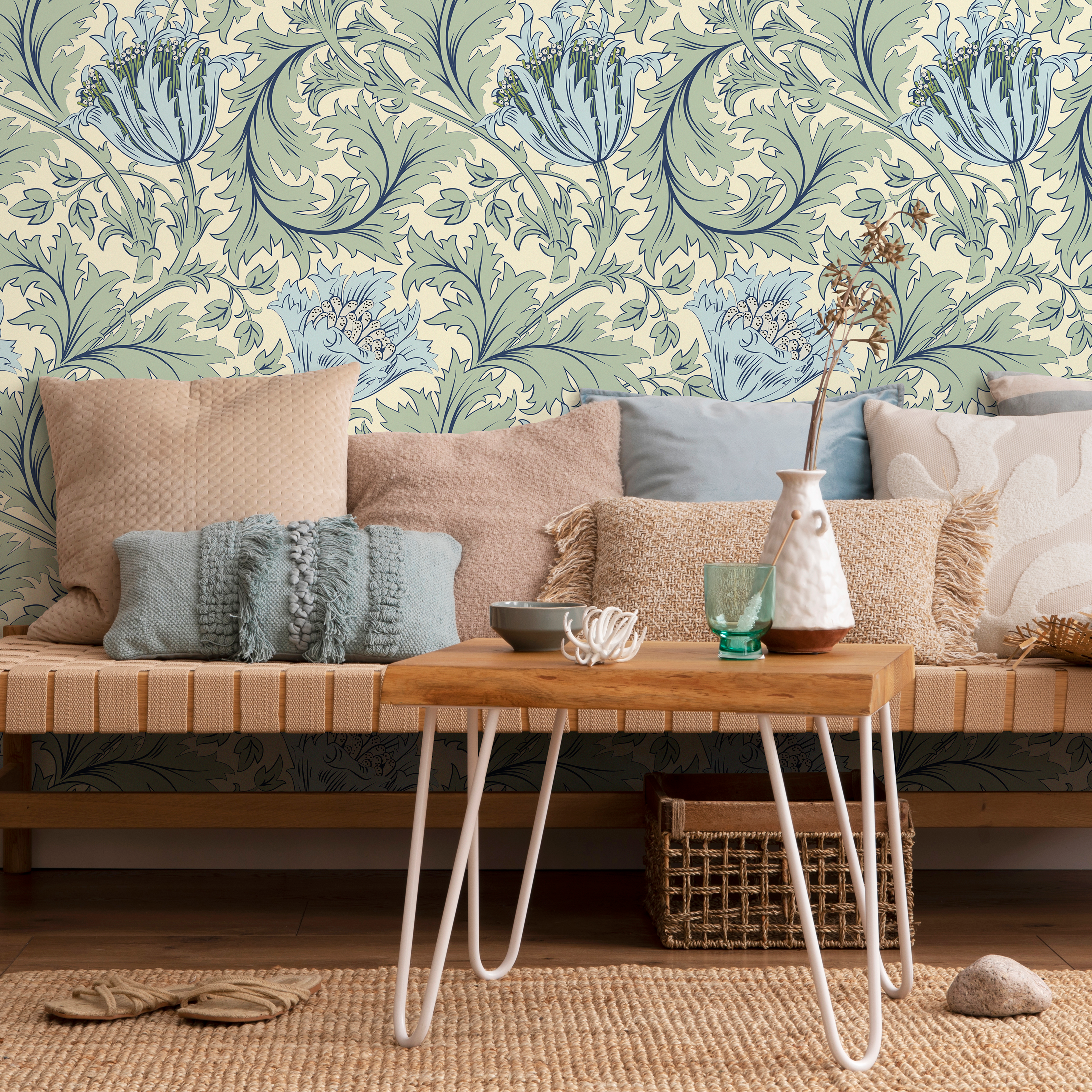 William Morris Wallpaper With Stylized Florals In Green And Blue - D515
