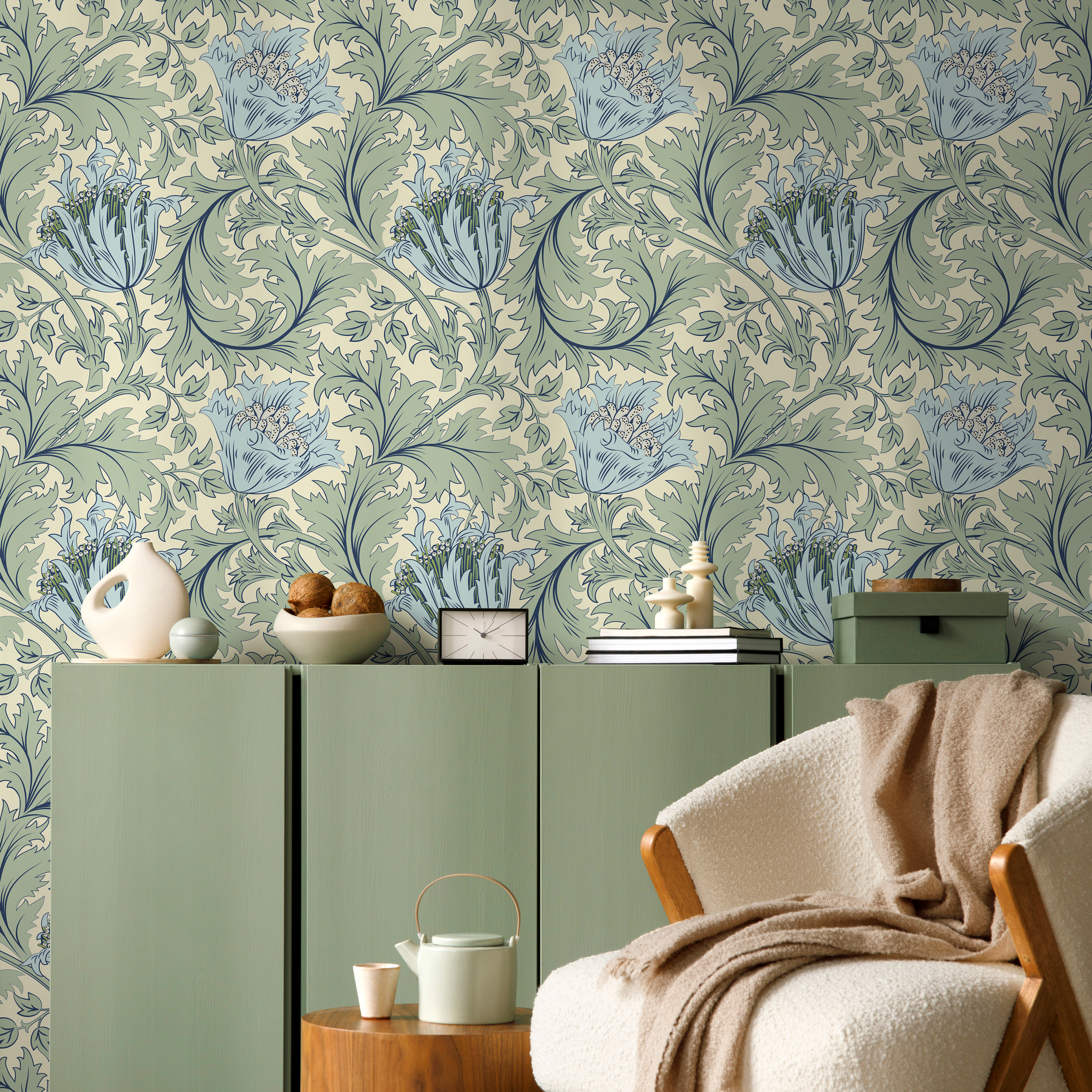 William Morris Wallpaper With Stylized Florals In Green And Blue - D515