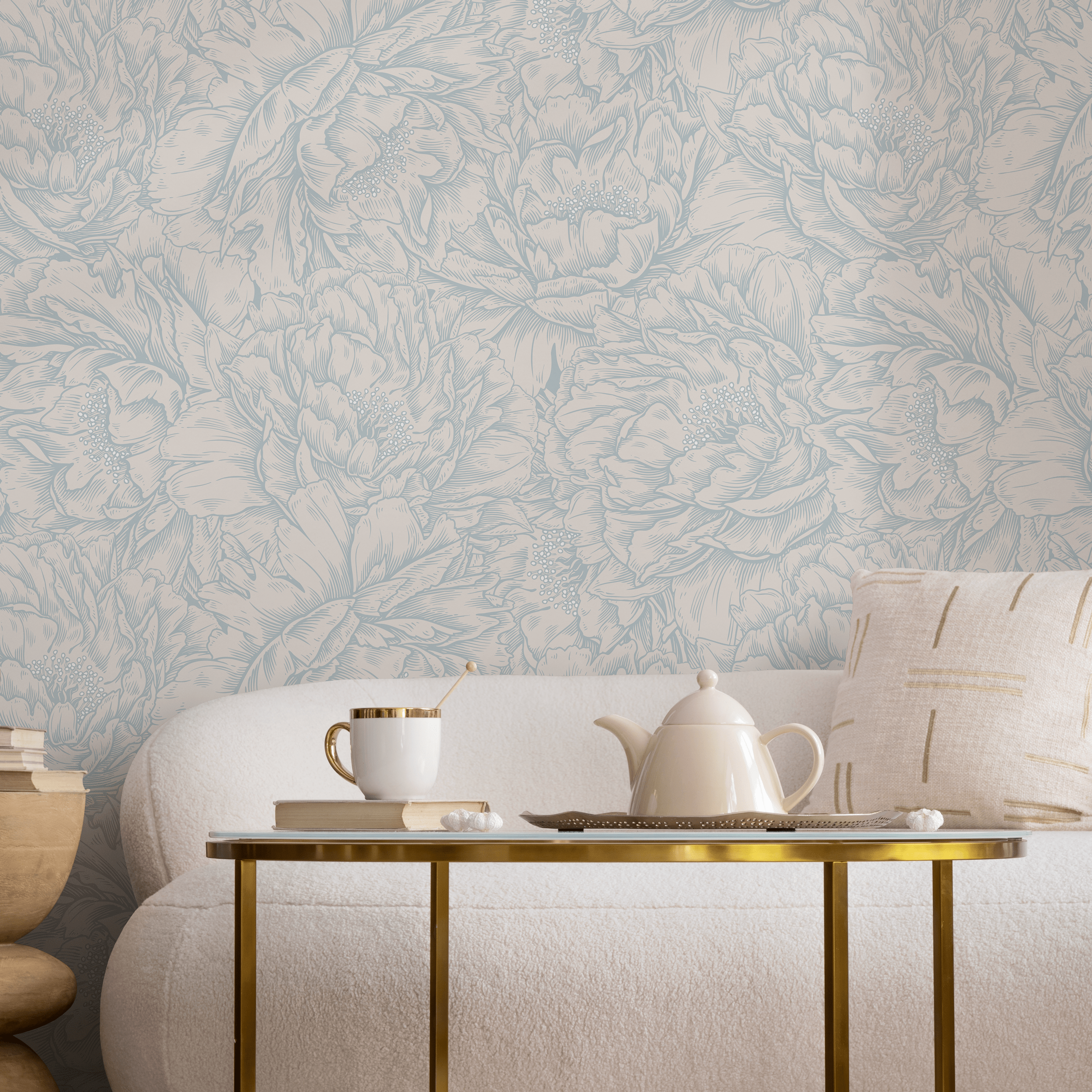 Floral Wallpaper Featuring An Engraved Peony Motif In Light Blue And Cream - D519