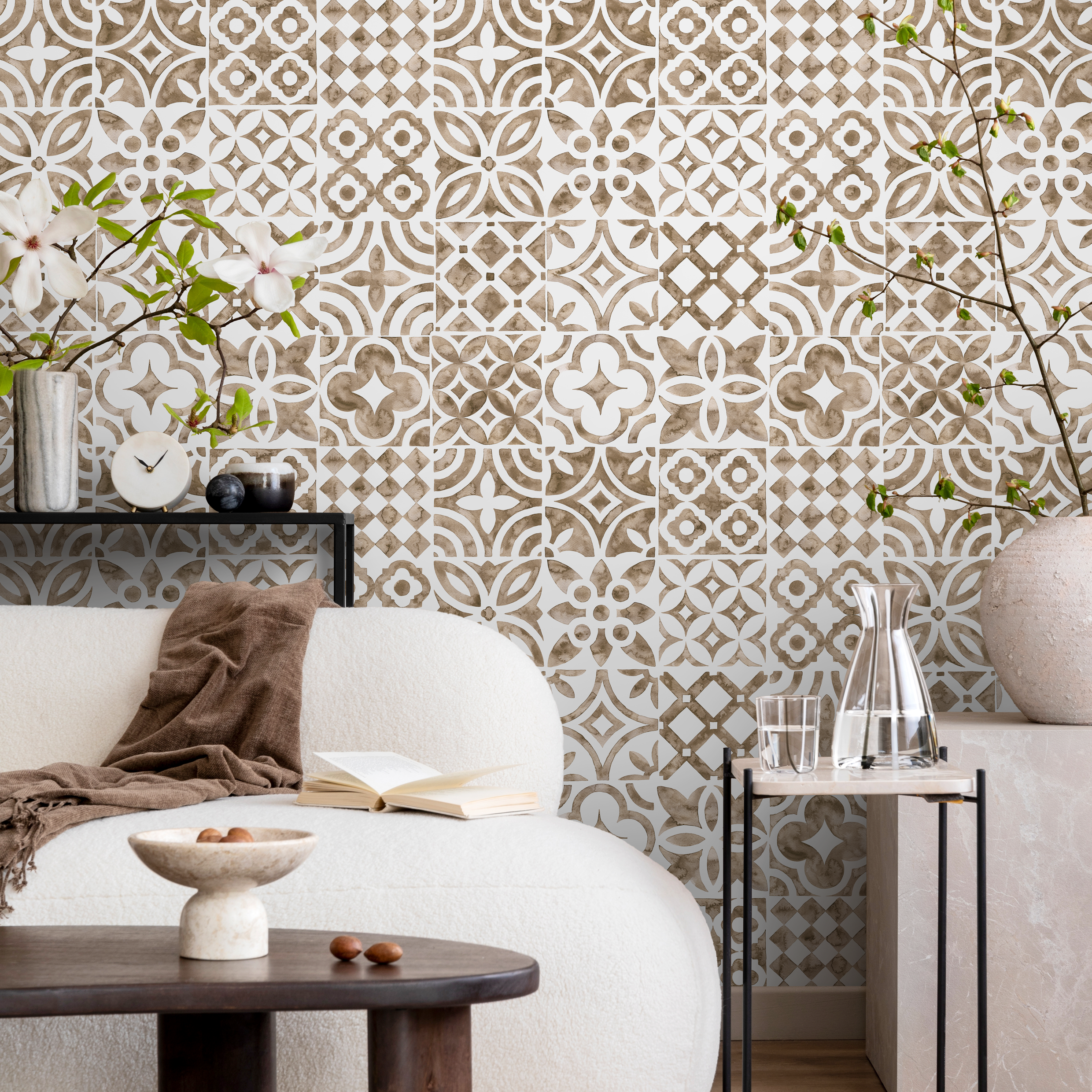 Tile Wallpaper With A Patchwork Motif In Beige - D525