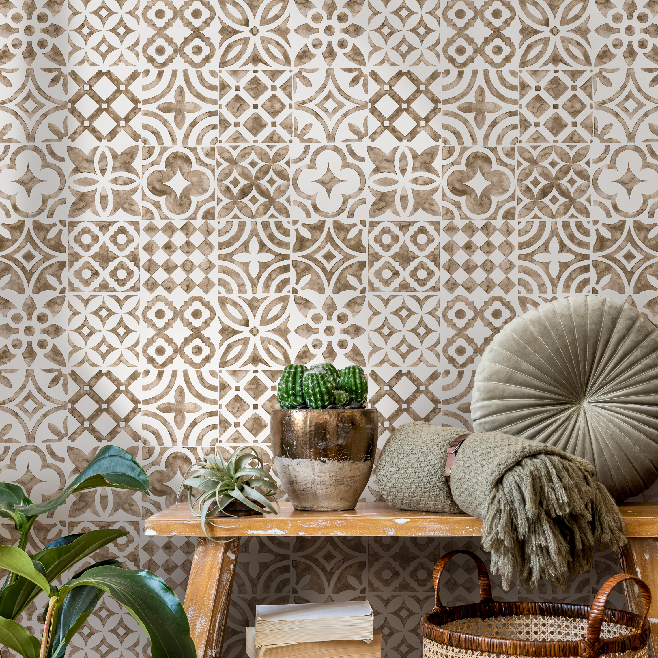 Tile Wallpaper With A Patchwork Motif In Beige - D525