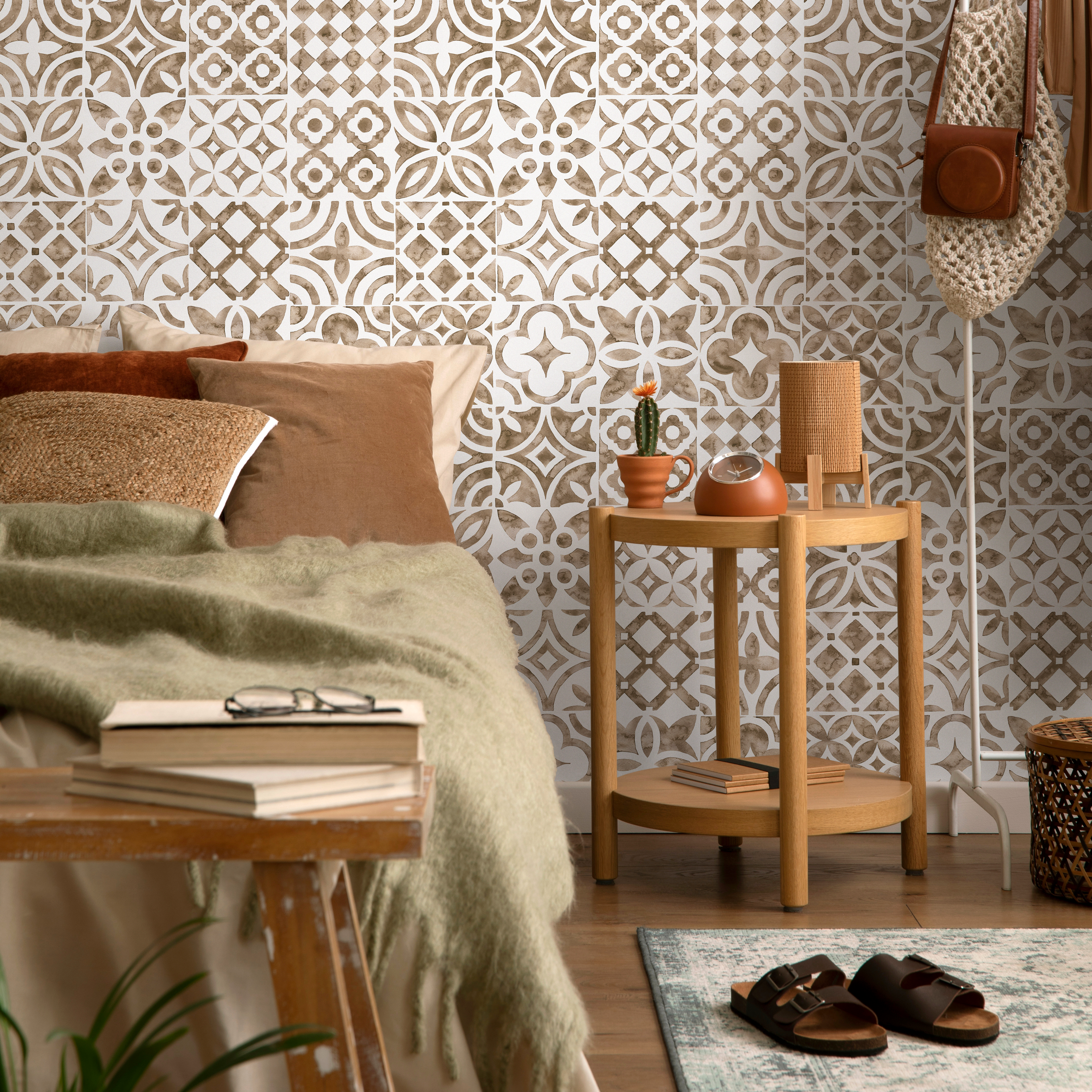 Tile Wallpaper With A Patchwork Motif In Beige - D525