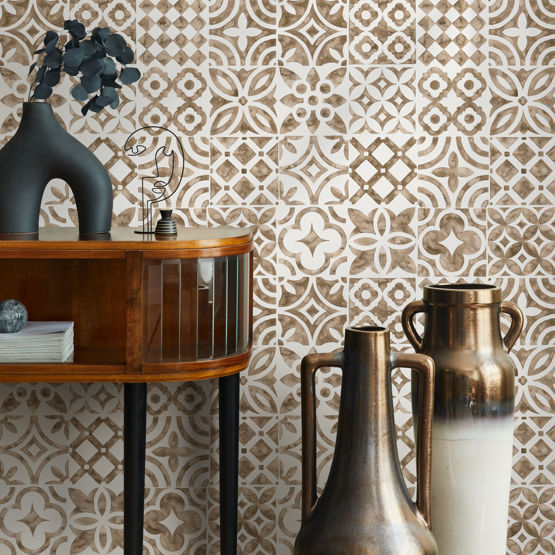 Tile Wallpaper With A Patchwork Motif In Beige - D525