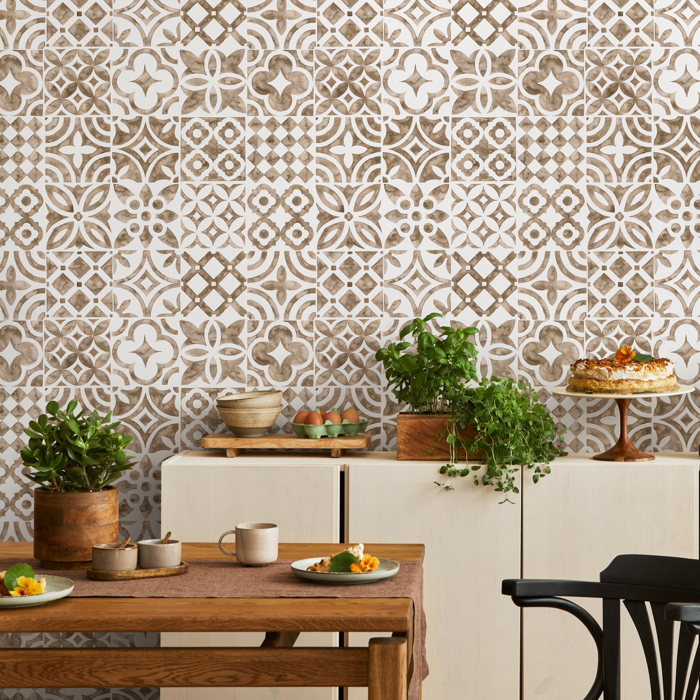 Tile Wallpaper With A Patchwork Motif In Beige - D525