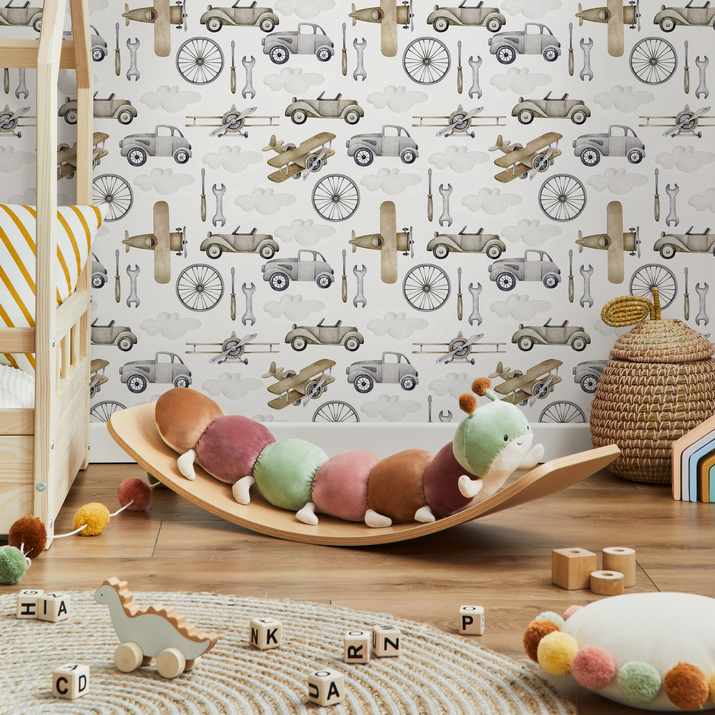 Transportation Wallpaper With Vintage Cars And Planes In Gray And Brown - D528