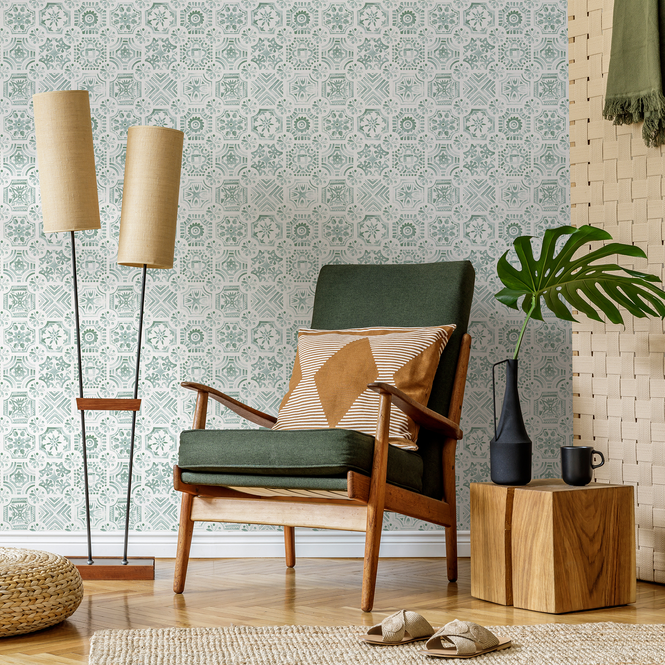 Tile Wallpaper With A Watercolor Mediterranean Motif In Green And Gray - D534