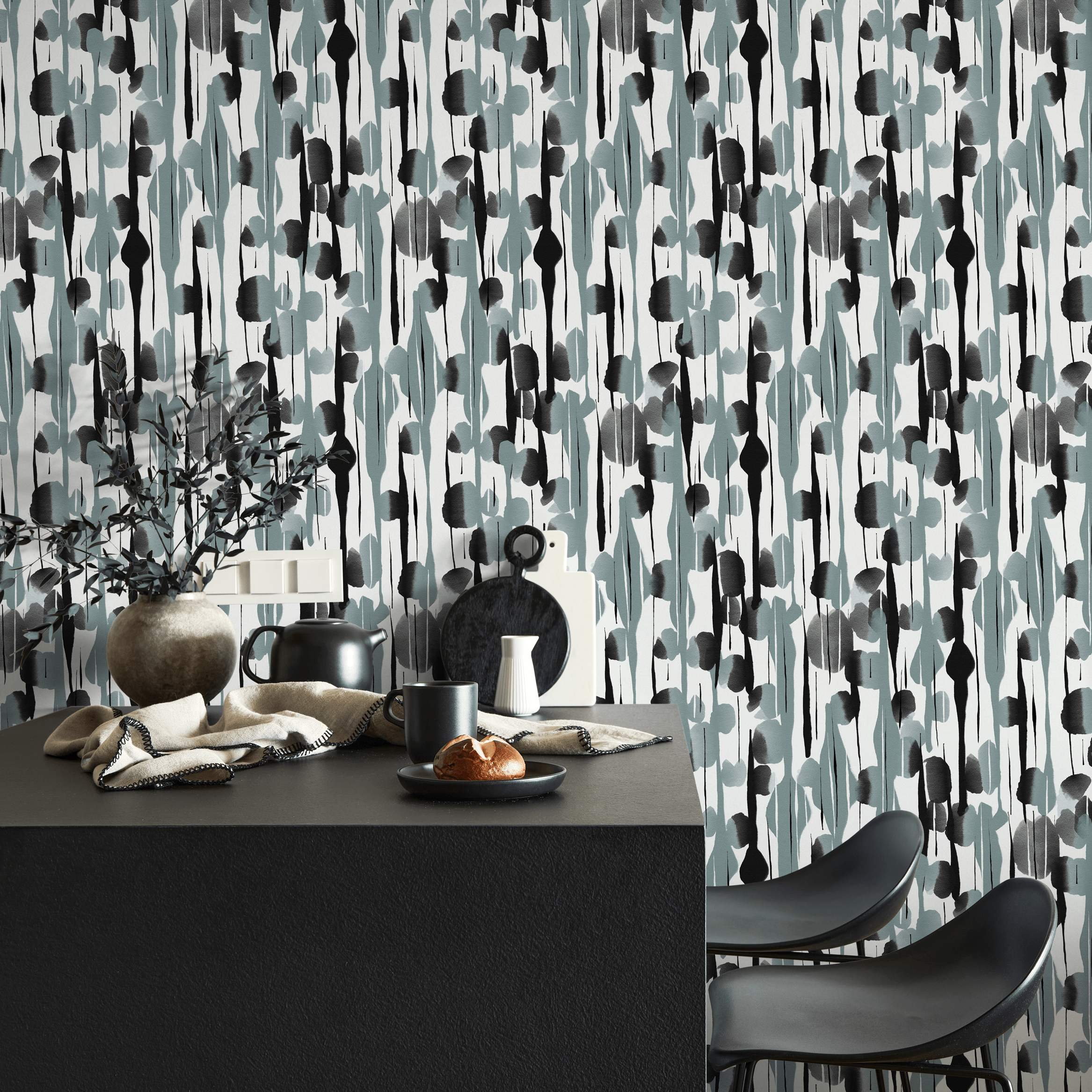 Abstract Wallpaper With Vertical Brushstrokes In Black, Blue, And Grey - D538