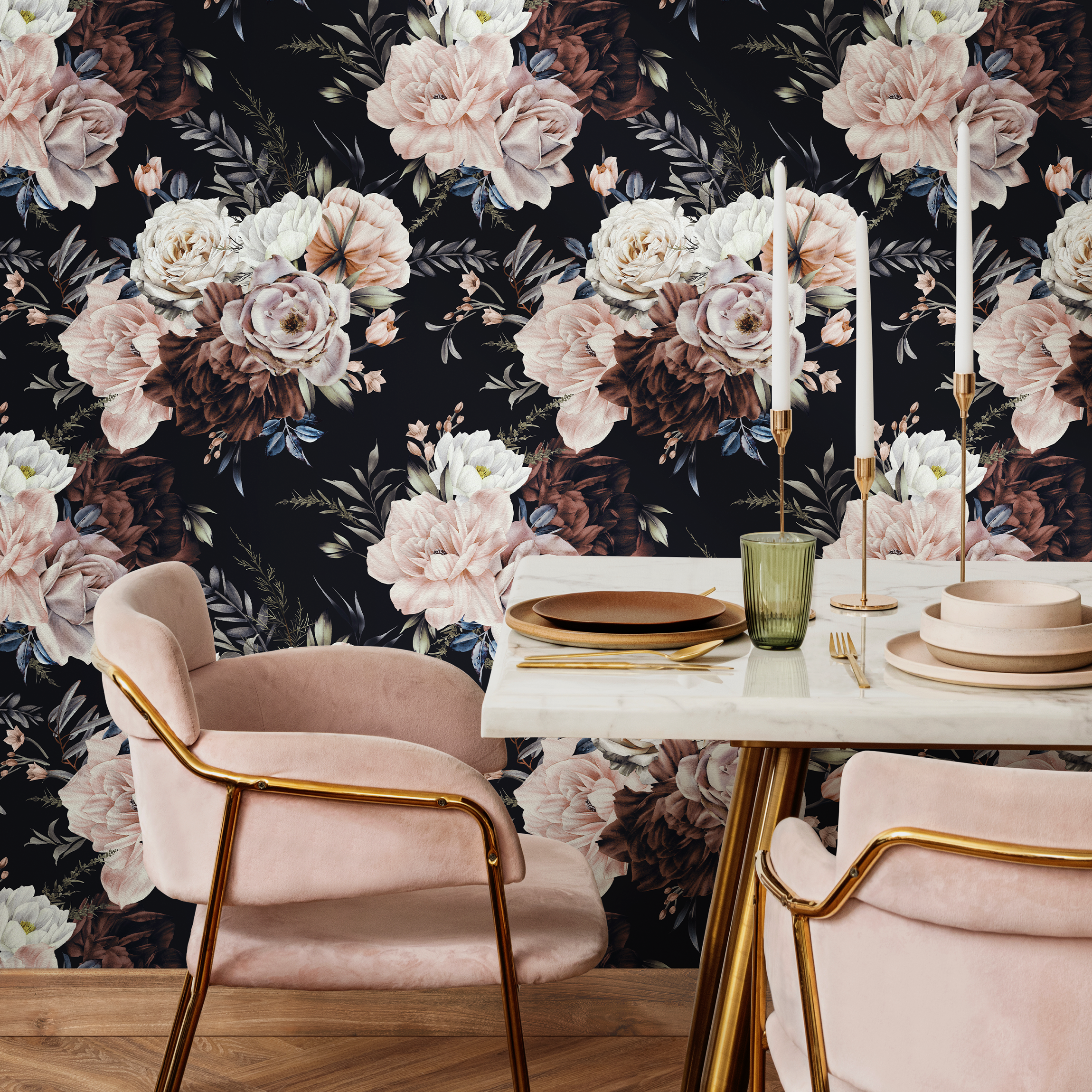 Floral Wallpaper Featuring Romantic Rose Bouquets In Pink, Mauve, And Burgundy - D545