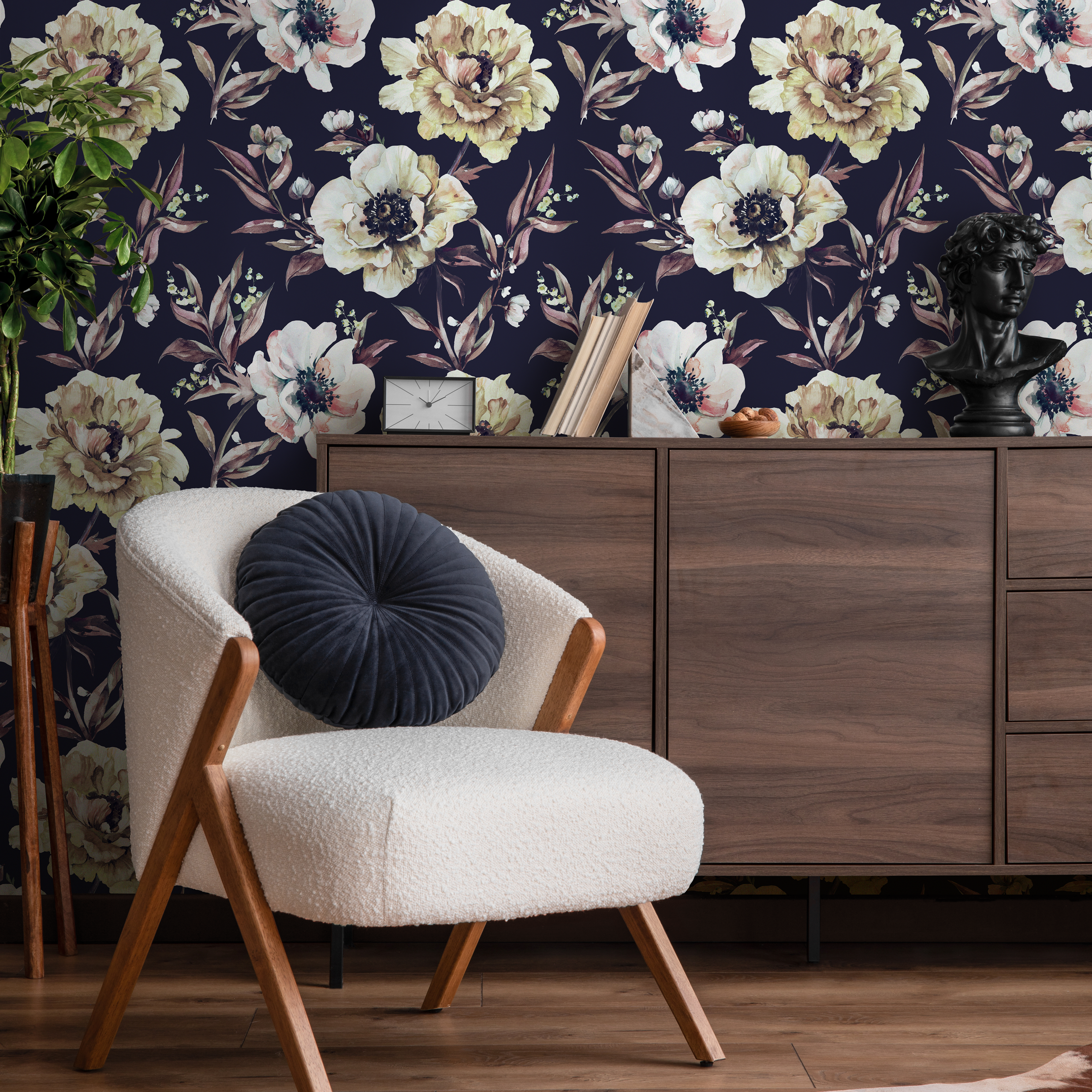 Vintage Floral Wallpaper With Watercolor Peonies In Dark Blue And Yellow - D548