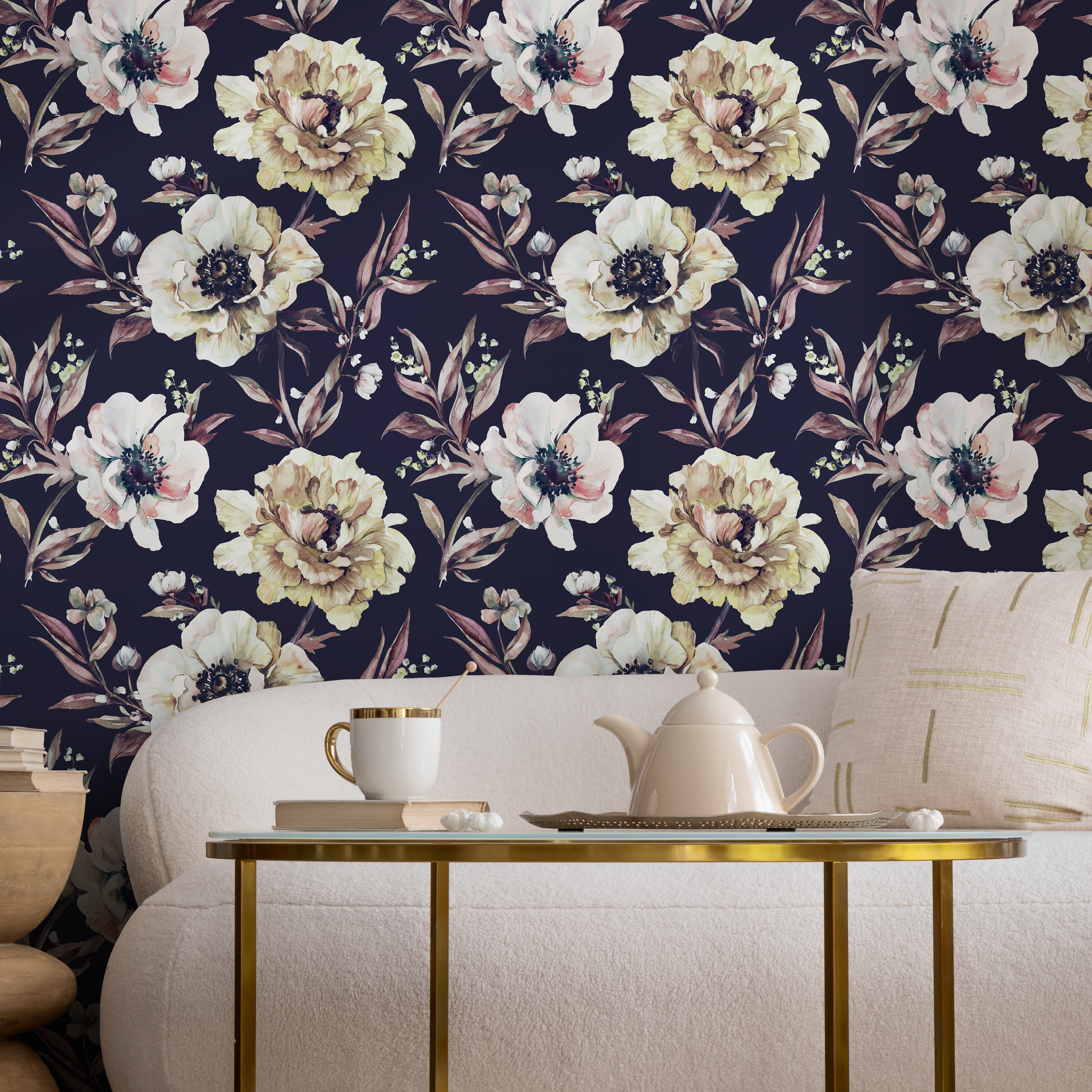 Vintage Floral Wallpaper With Watercolor Peonies In Dark Blue And Yellow - D548
