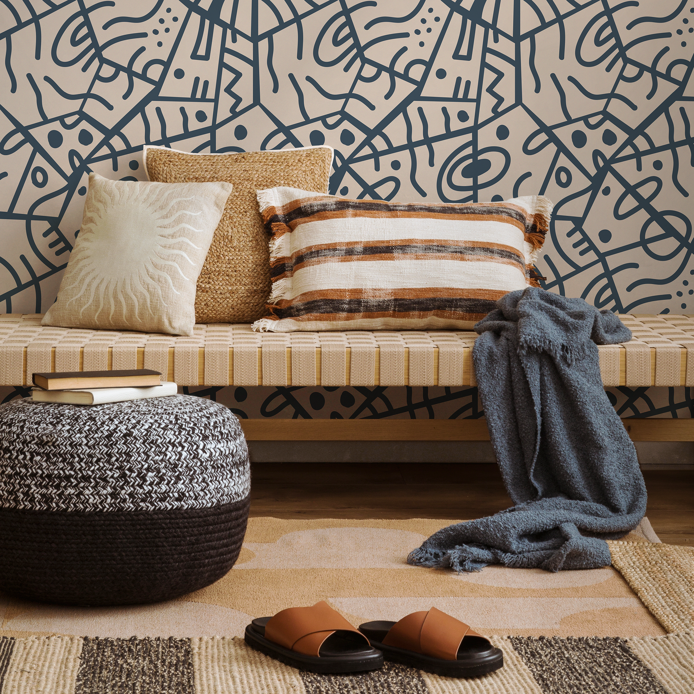 Abstract Wallpaper With Bold Tribal Lines In Navy Blue And Taupe - D549