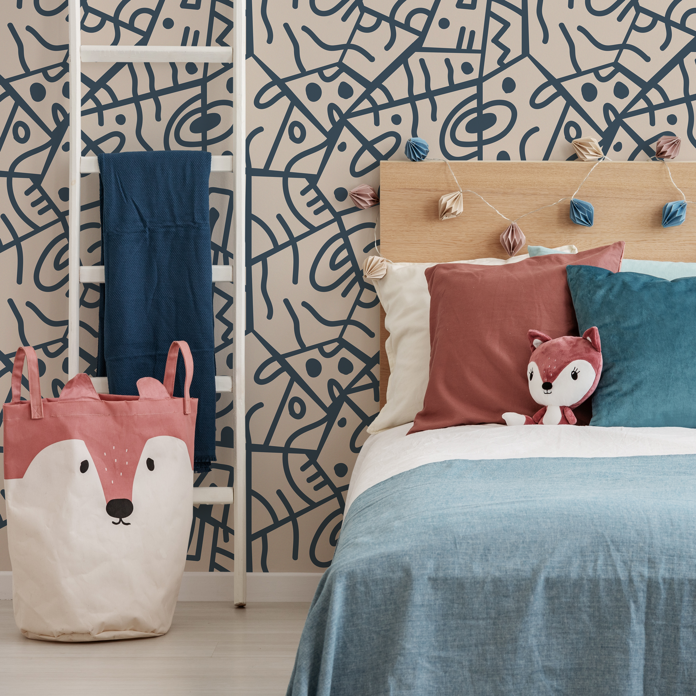 Abstract Wallpaper With Bold Tribal Lines In Navy Blue And Taupe - D549