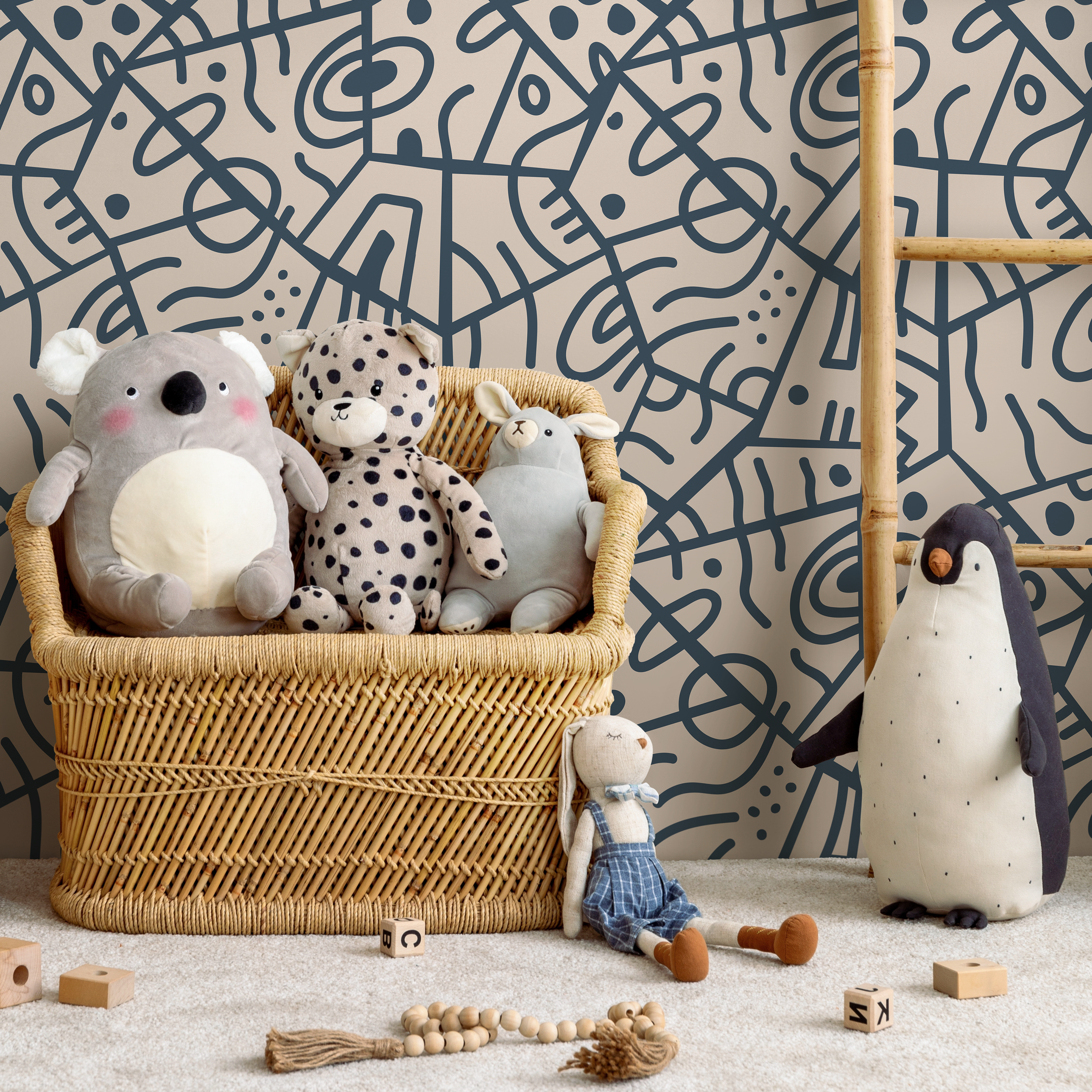 Abstract Wallpaper With Bold Tribal Lines In Navy Blue And Taupe - D549