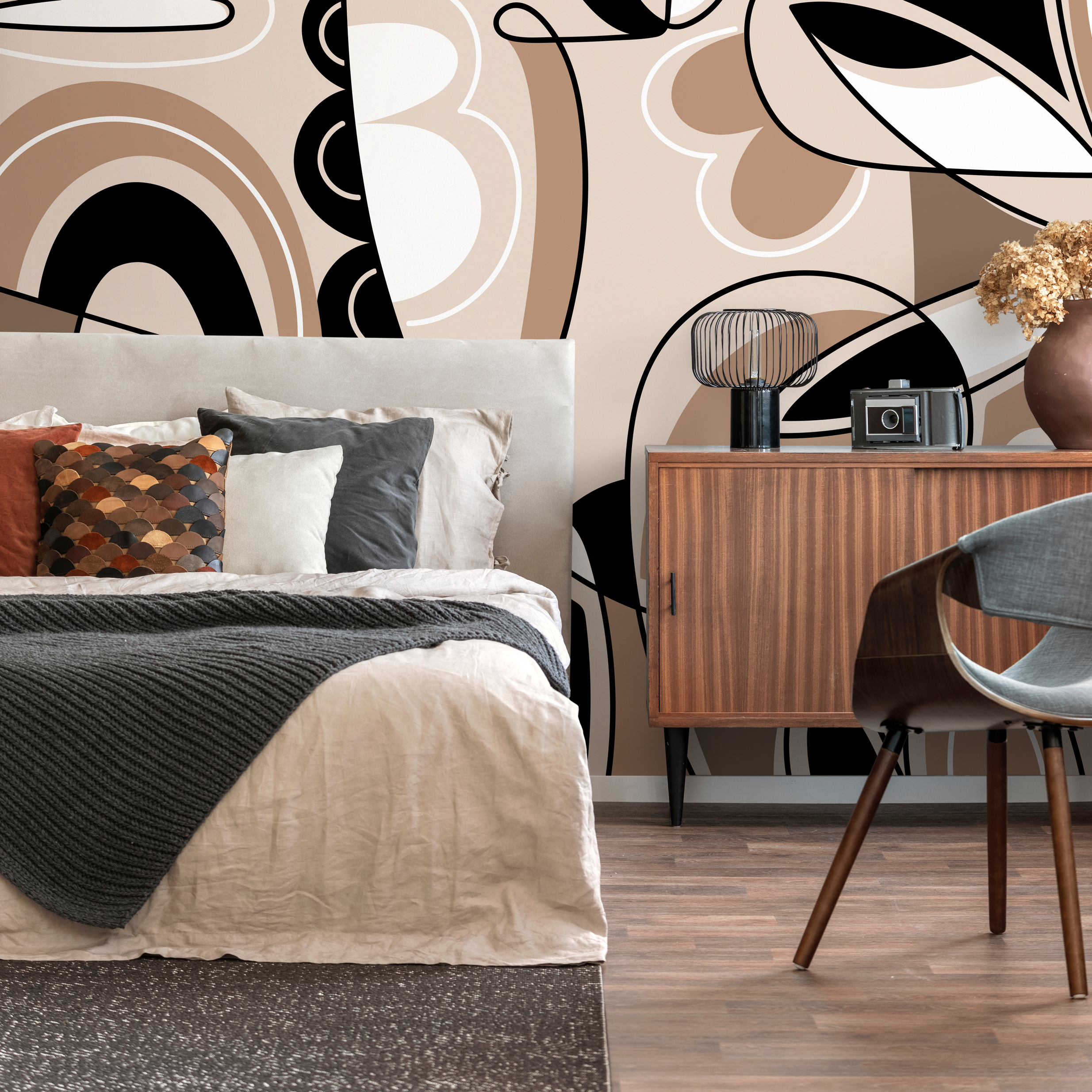 Abstract Wallpaper With Modern Cubist Line Art In Brown, Black, And Cream - D559