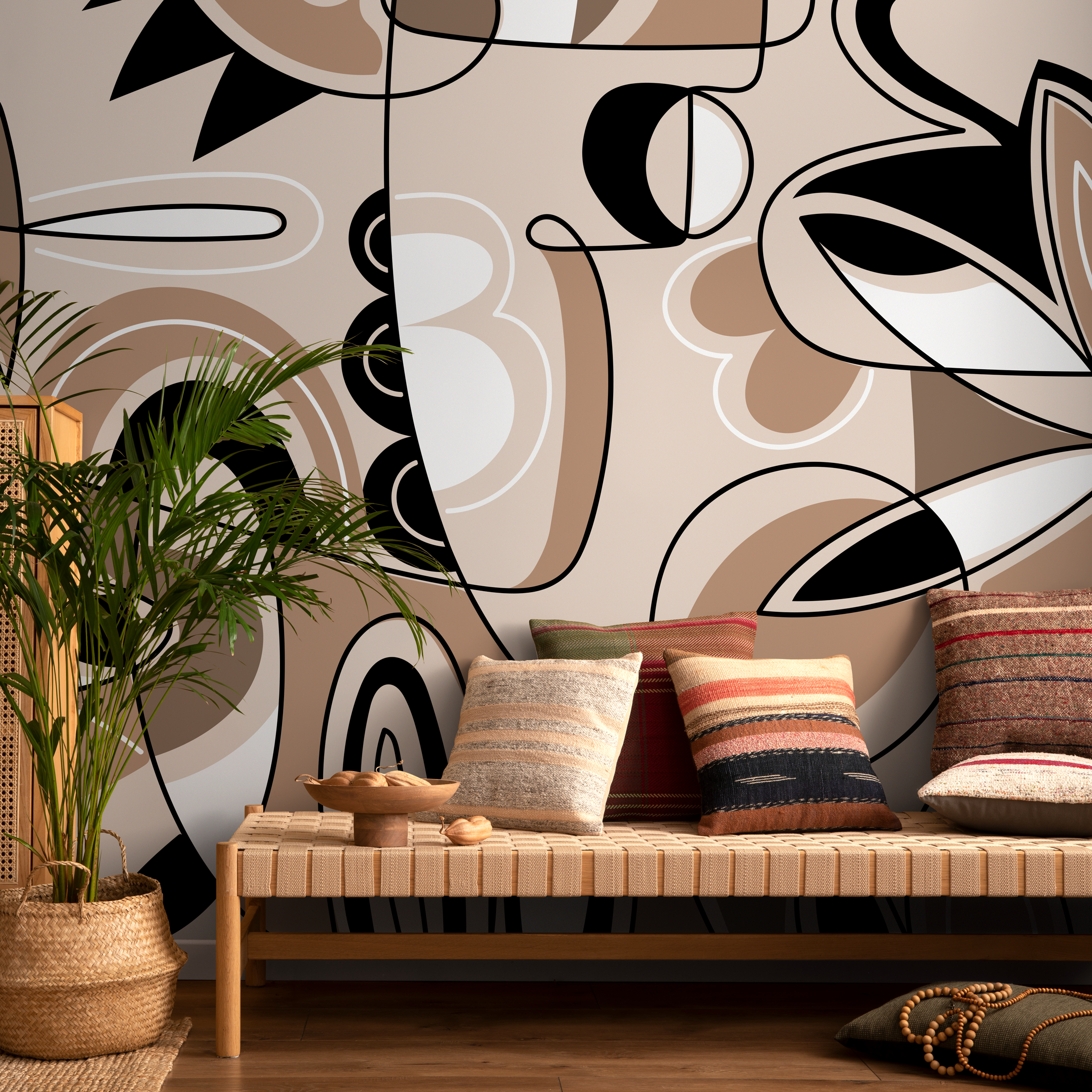 Abstract Wallpaper With Modern Cubist Line Art In Brown, Black, And Cream - D559