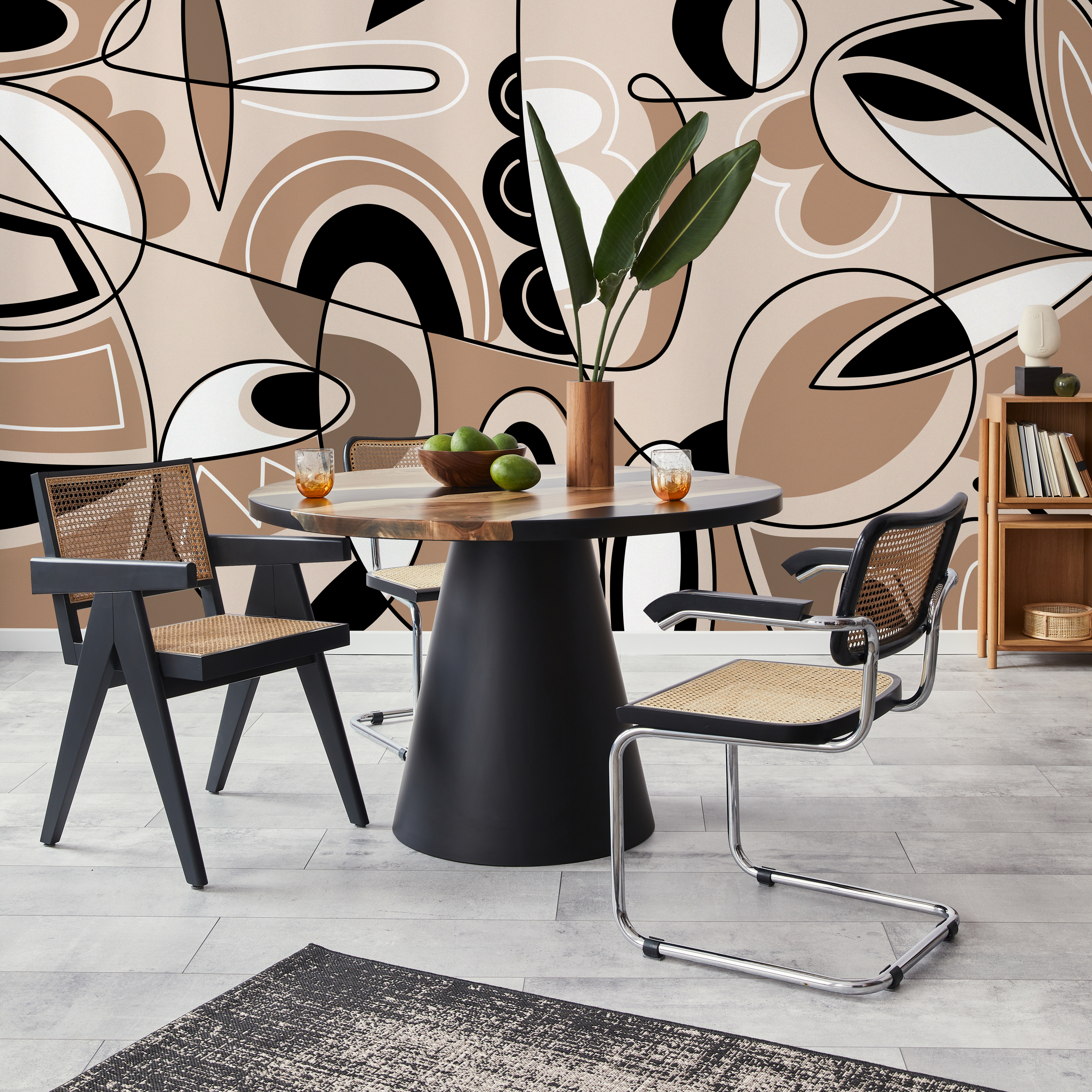 Abstract Wallpaper With Modern Cubist Line Art In Brown, Black, And Cream - D559